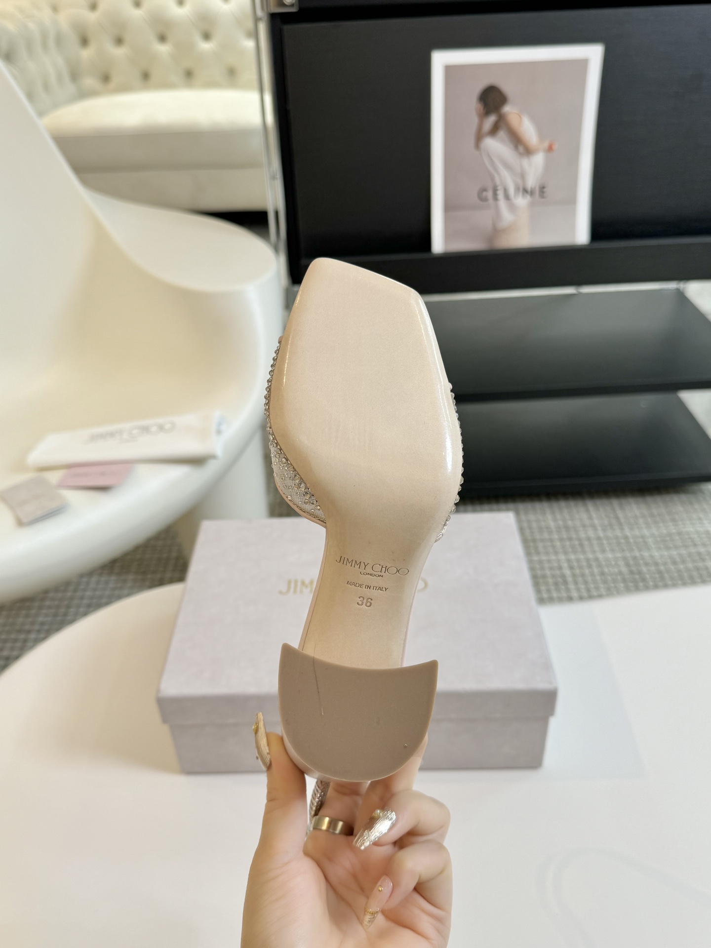 [TOP] Jimmy Choo Crystal Diamond Chain Chunky Heel 9cm High Heel Sandals - Pink