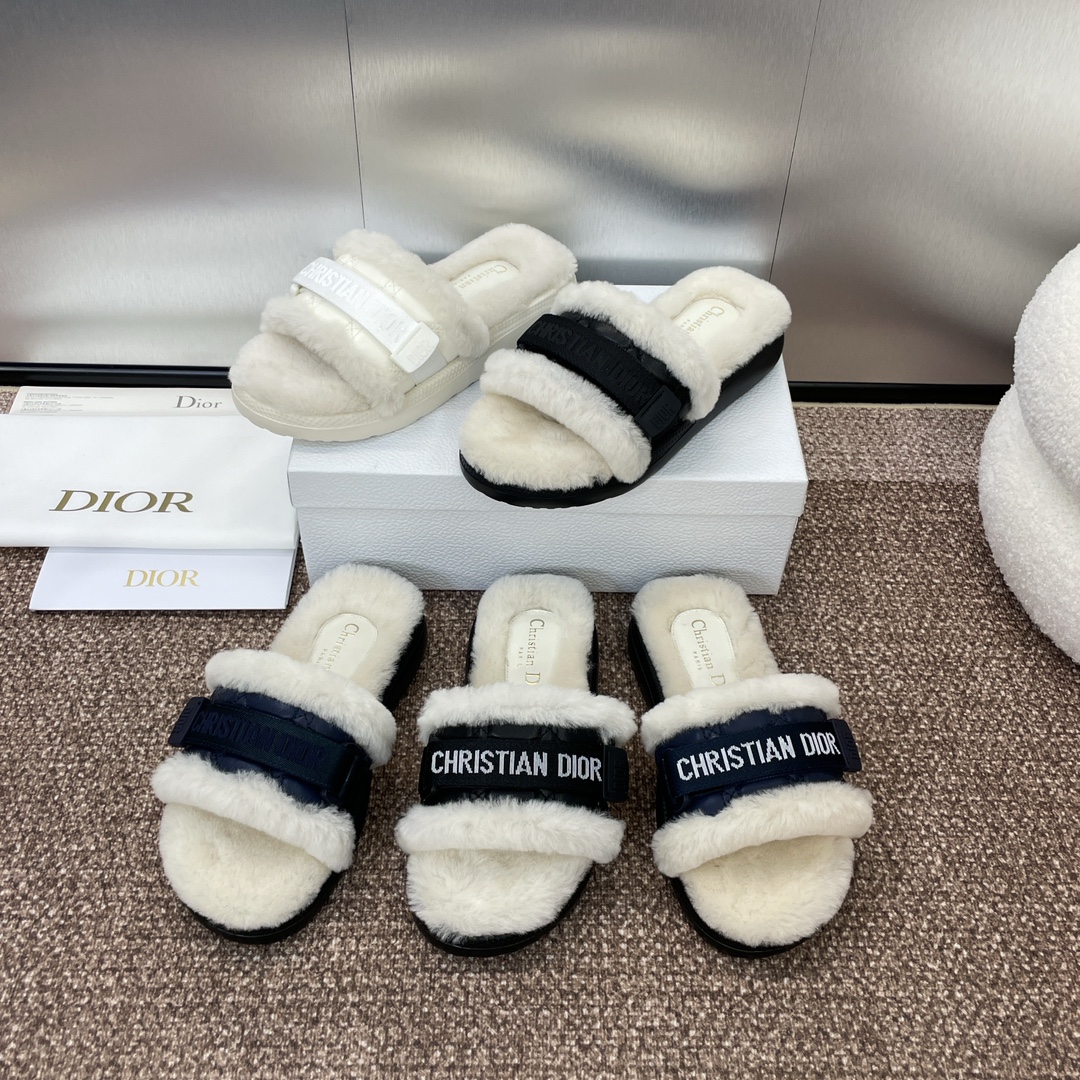 [TOP] Christian Dior IVIERA EVOLUTION Embroidery LOGO Leather Thick Bottom Fur Slippers - 5 Color