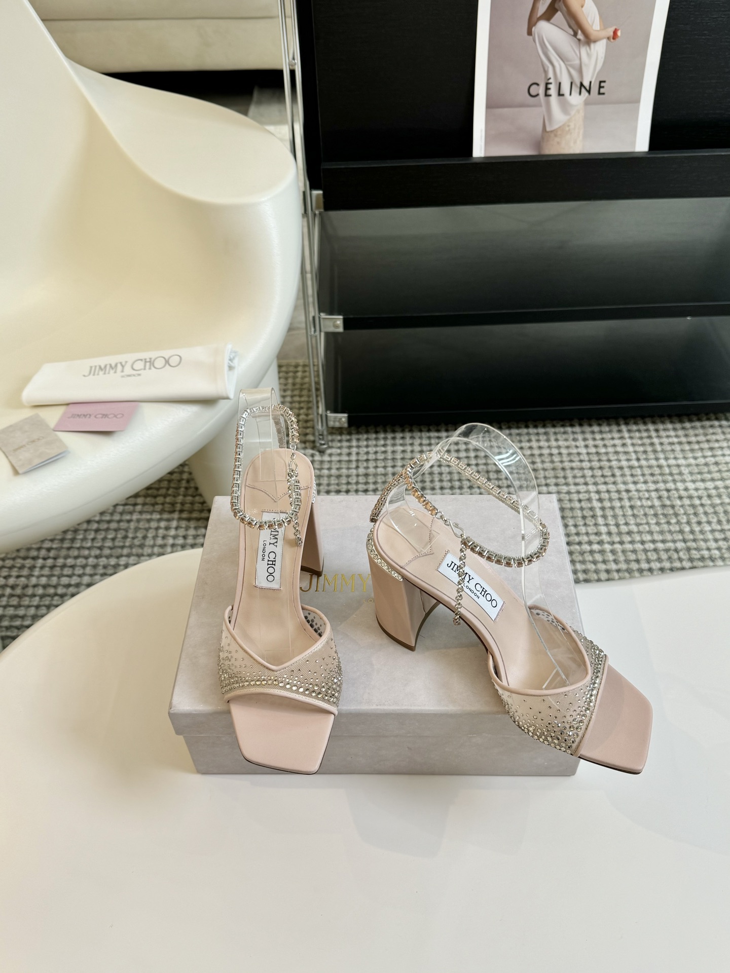 [TOP] Jimmy Choo Crystal Diamond Chain Chunky Heel 9cm High Heel Sandals - Pink