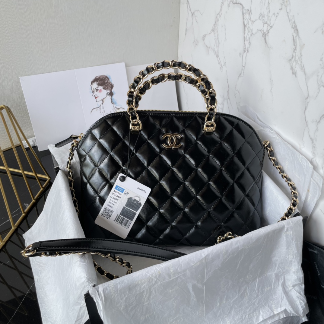 [TOP] CHANEL Shiny Lambskin Tote Bag 20.5x28.5x7cm - Black