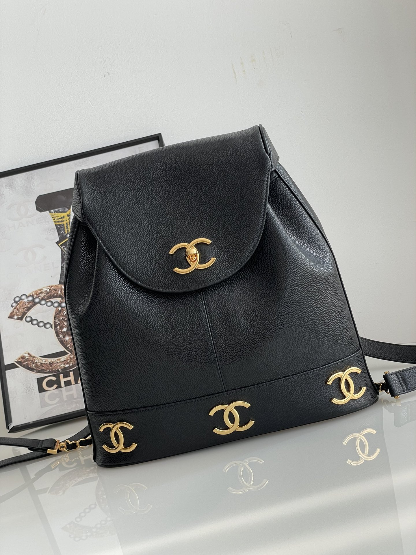 [TOP] CHANEL 1994 Vintage CC Backpack 31×11×34 cm -Black