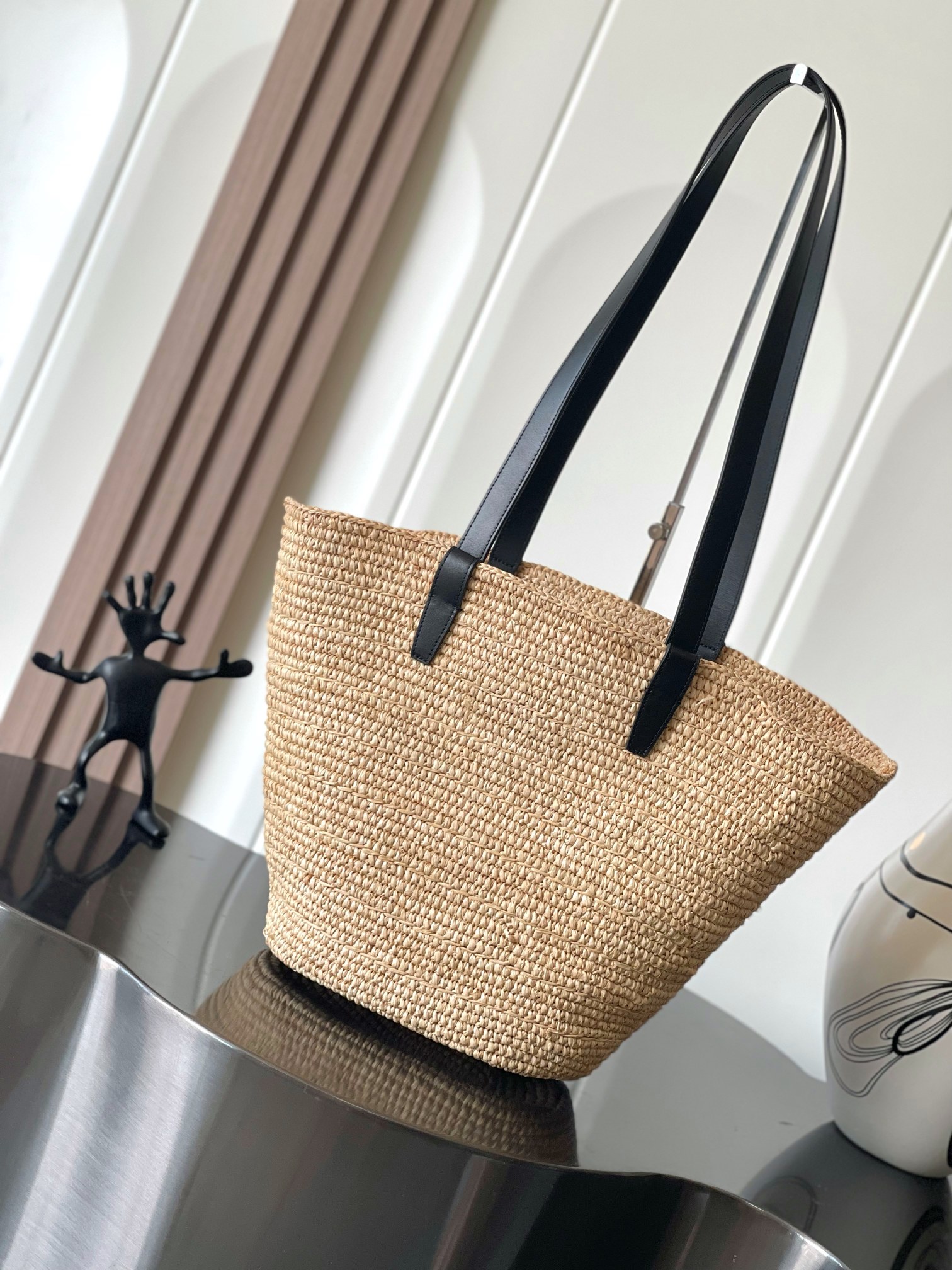 [TOP] CELINE Cow Leather Classic Straw Basket Bag 22*30*14CM - Apricot &Black