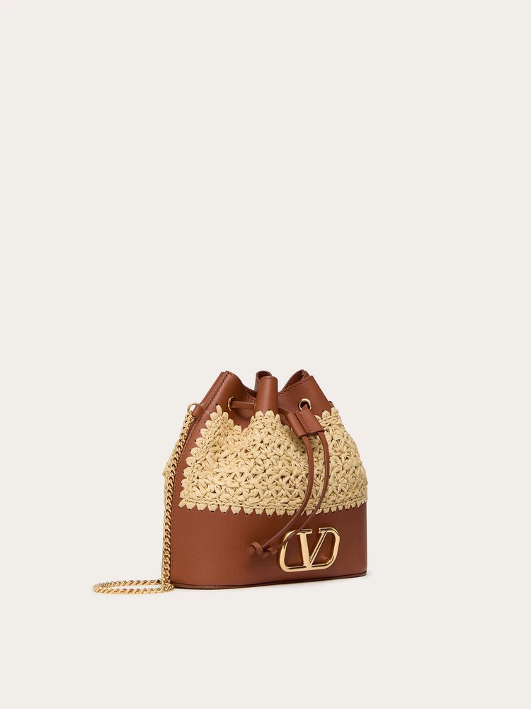 [TOP] VALENTINO Raffia Bucket Bag 20*17*8cm - Apricot&Brown