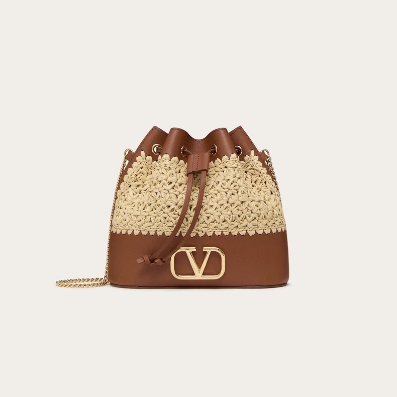 [TOP] VALENTINO Raffia Bucket Bag 20*17*8cm - Apricot&Brown