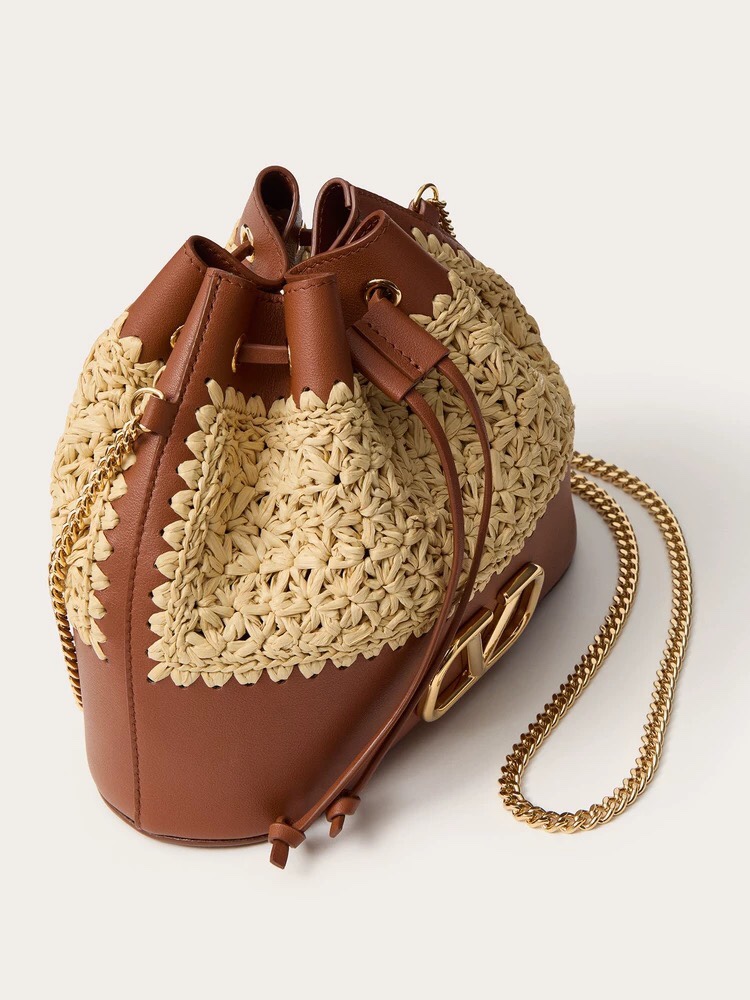 [TOP] VALENTINO Raffia Bucket Bag 20*17*8cm - Apricot&Brown