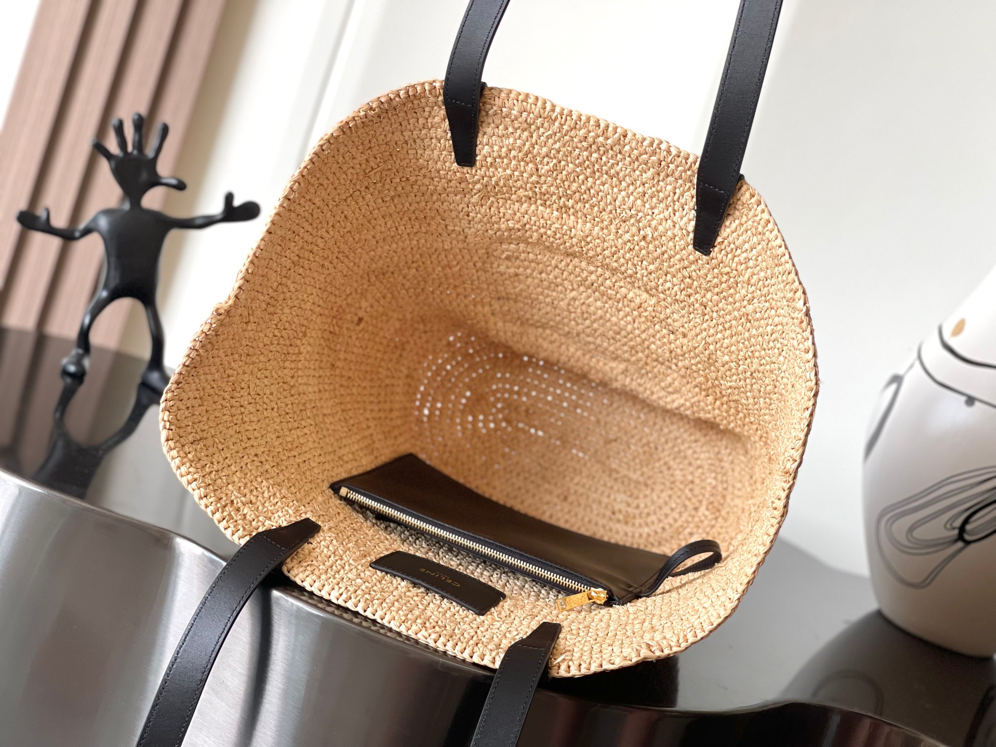 [TOP] CELINE Cow Leather Classic Straw Basket Bag 22*30*14CM - Apricot &Black