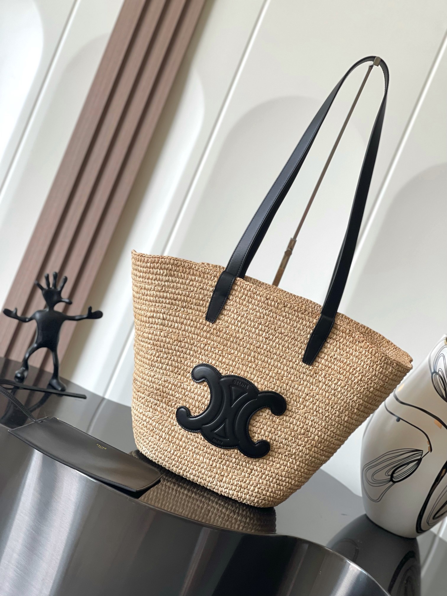 [TOP] CELINE Cow Leather Classic Straw Basket Bag 22*30*14CM - Apricot &Black