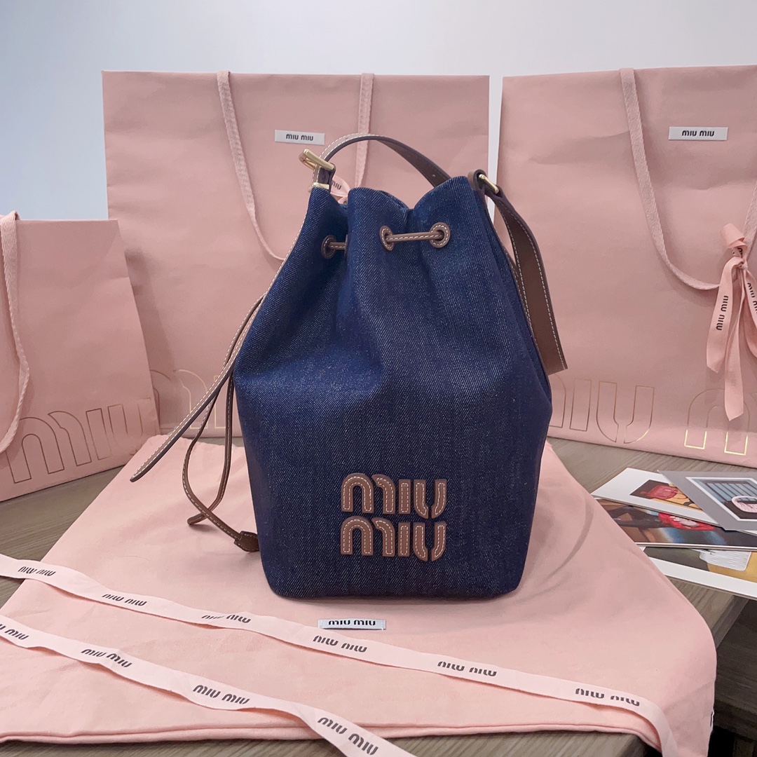 TOP] Miu Miu Denim Bucket Bags 16x22.5x14cm/23x29x17cm - Blue