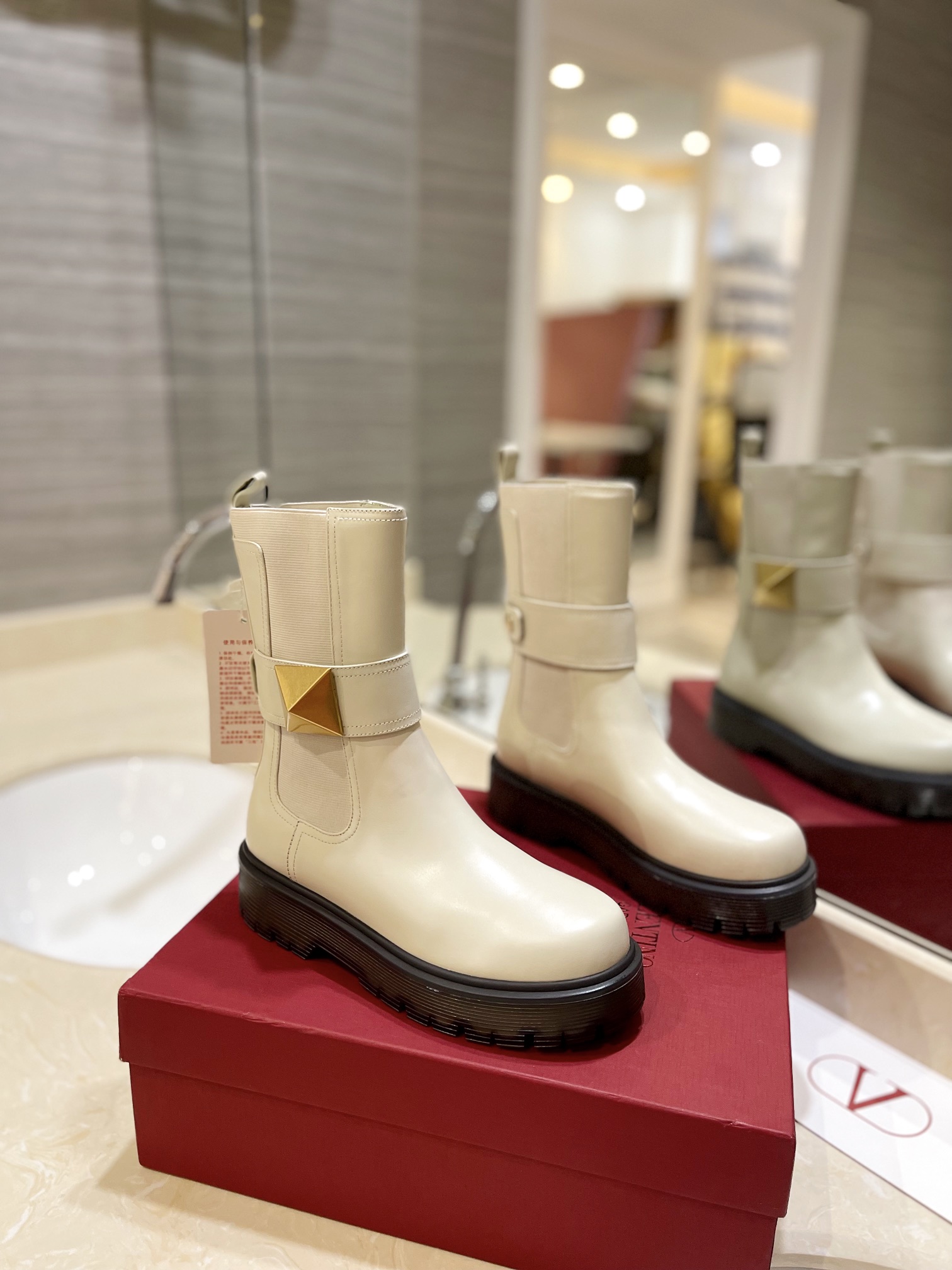 [TOP] VALENTINO 4.5cm Mid Heel GARAVANI ONE STUD Boots  - 3 Color