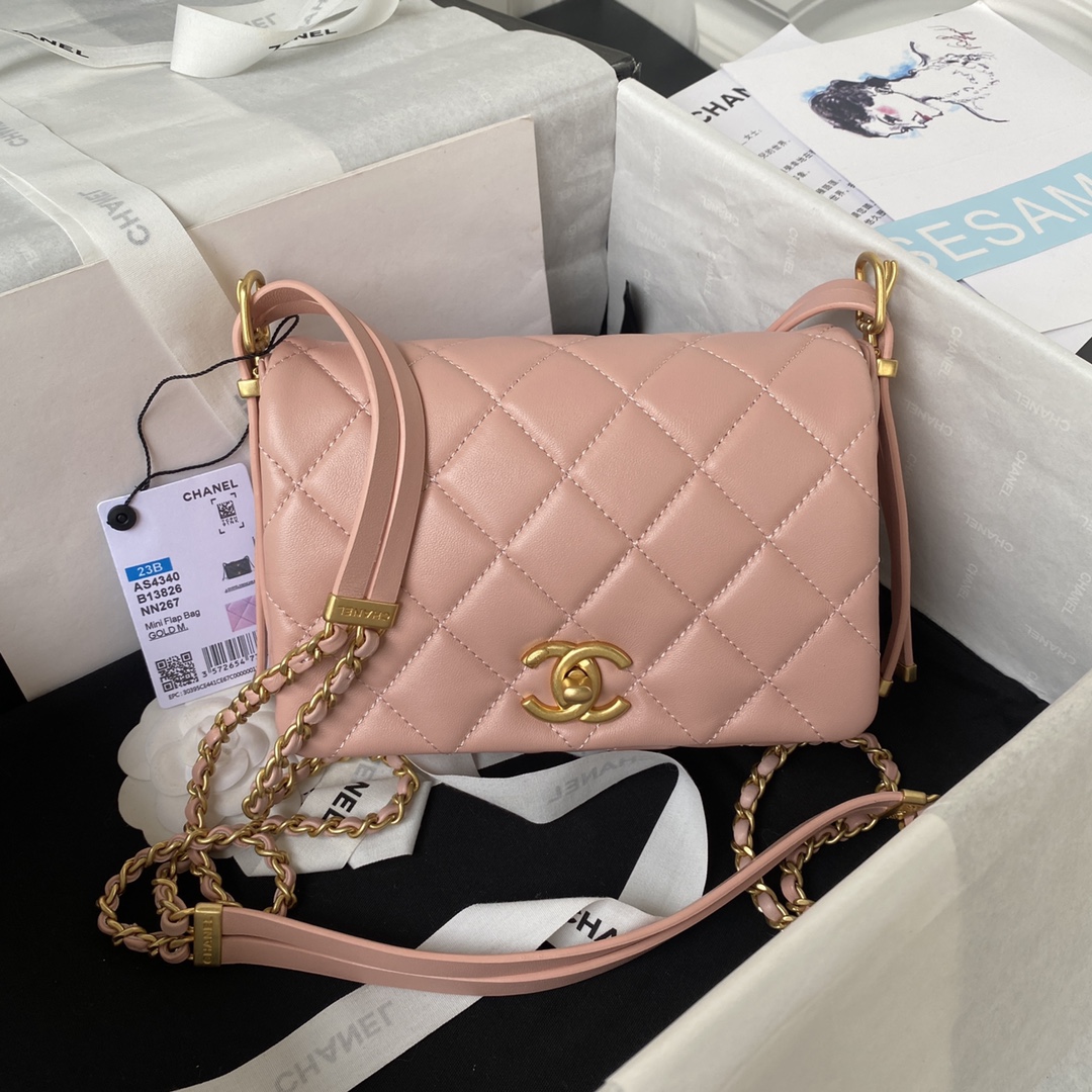 [TOP] CHANEL Flap Bag 12.5X19X6cm - Pink & GHW