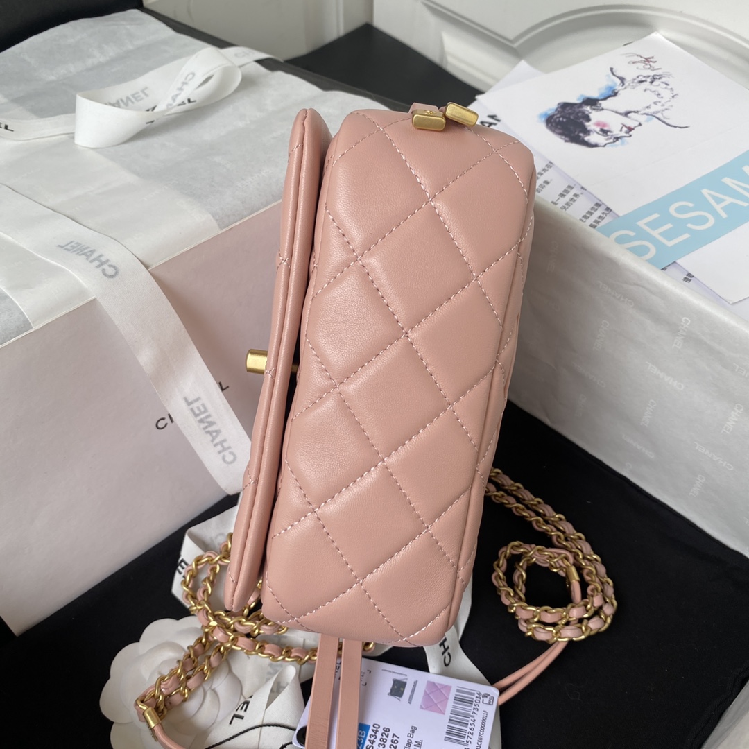 [TOP] CHANEL Flap Bag 12.5X19X6cm - Pink & GHW