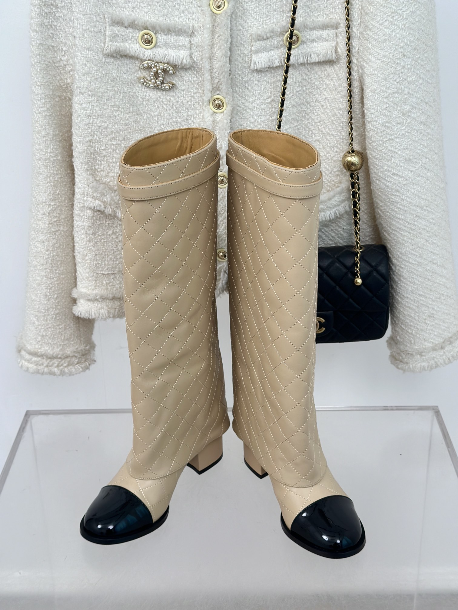 [TOP] CHANEL 6.5 High Heel Plaid Block Heel Trouser Boots - Black & Beige