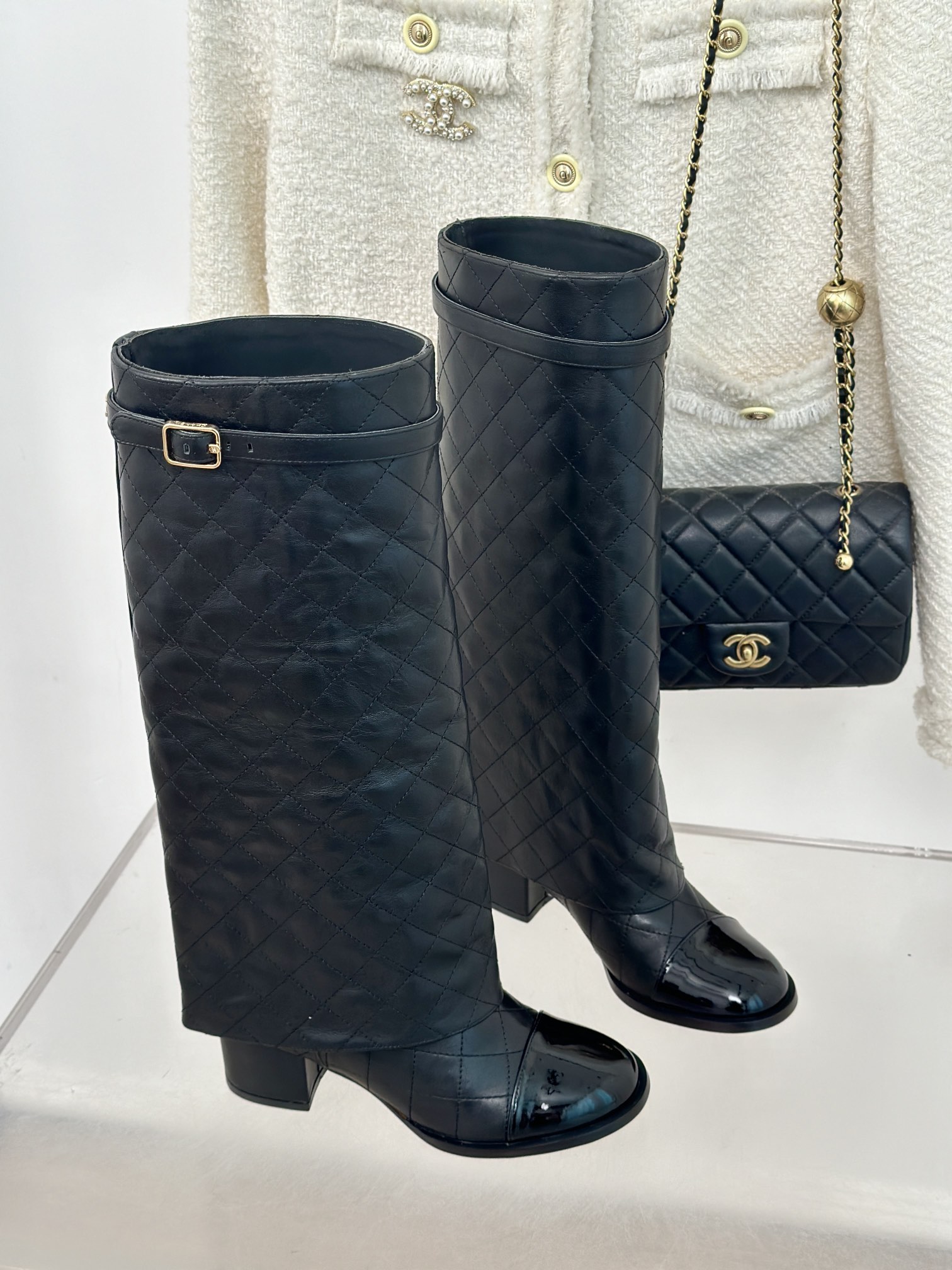 [TOP] CHANEL 6.5 High Heel Plaid Block Heel Trouser Boots - Black & Beige