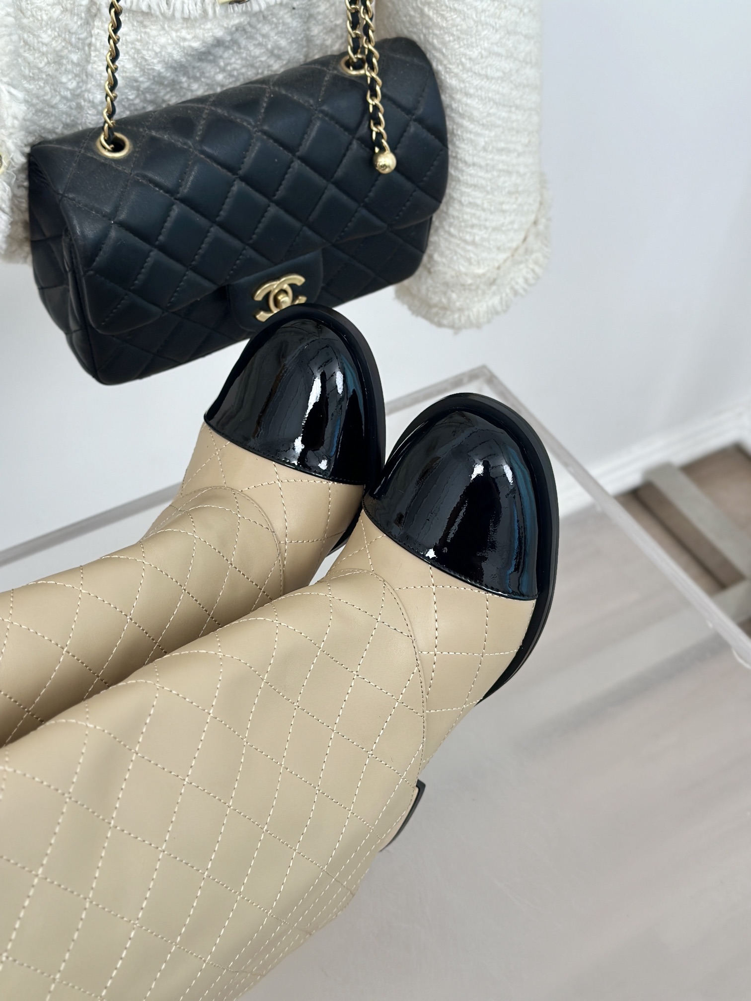 [TOP] CHANEL 6.5 High Heel Plaid Block Heel Trouser Boots - Black & Beige