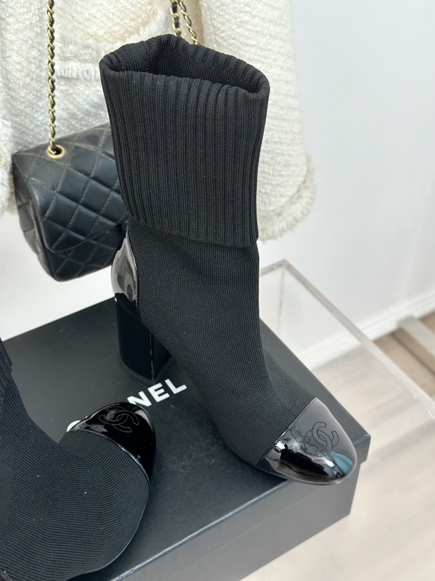 [TOP] CHANEL High Heel Sock Boots - Black & White