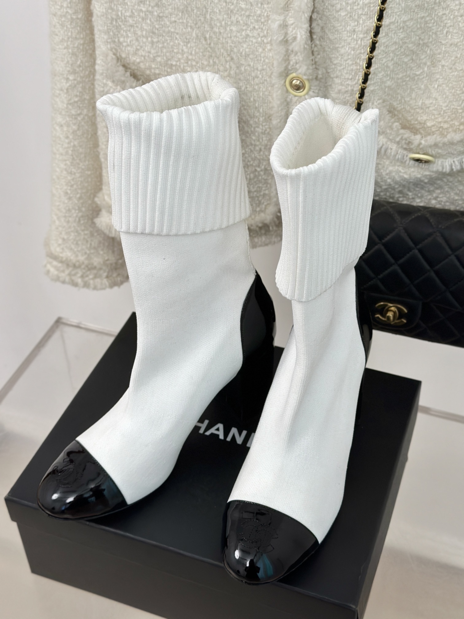 [TOP] CHANEL High Heel Sock Boots - Black & White