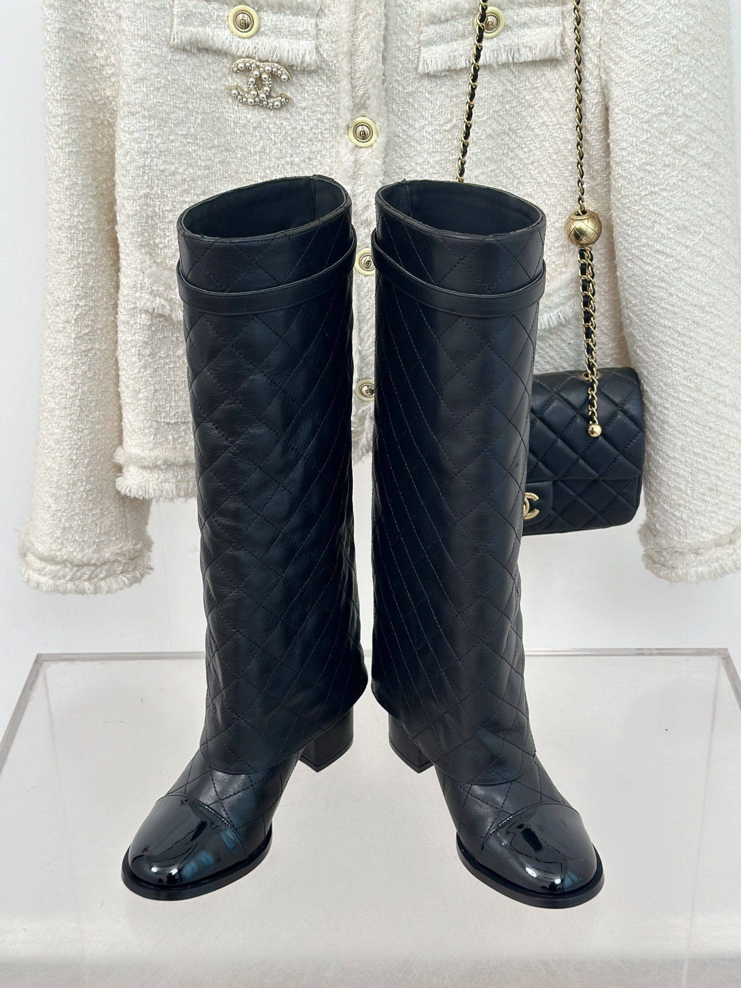 [TOP] CHANEL 6.5 High Heel Plaid Block Heel Trouser Boots - Black & Beige