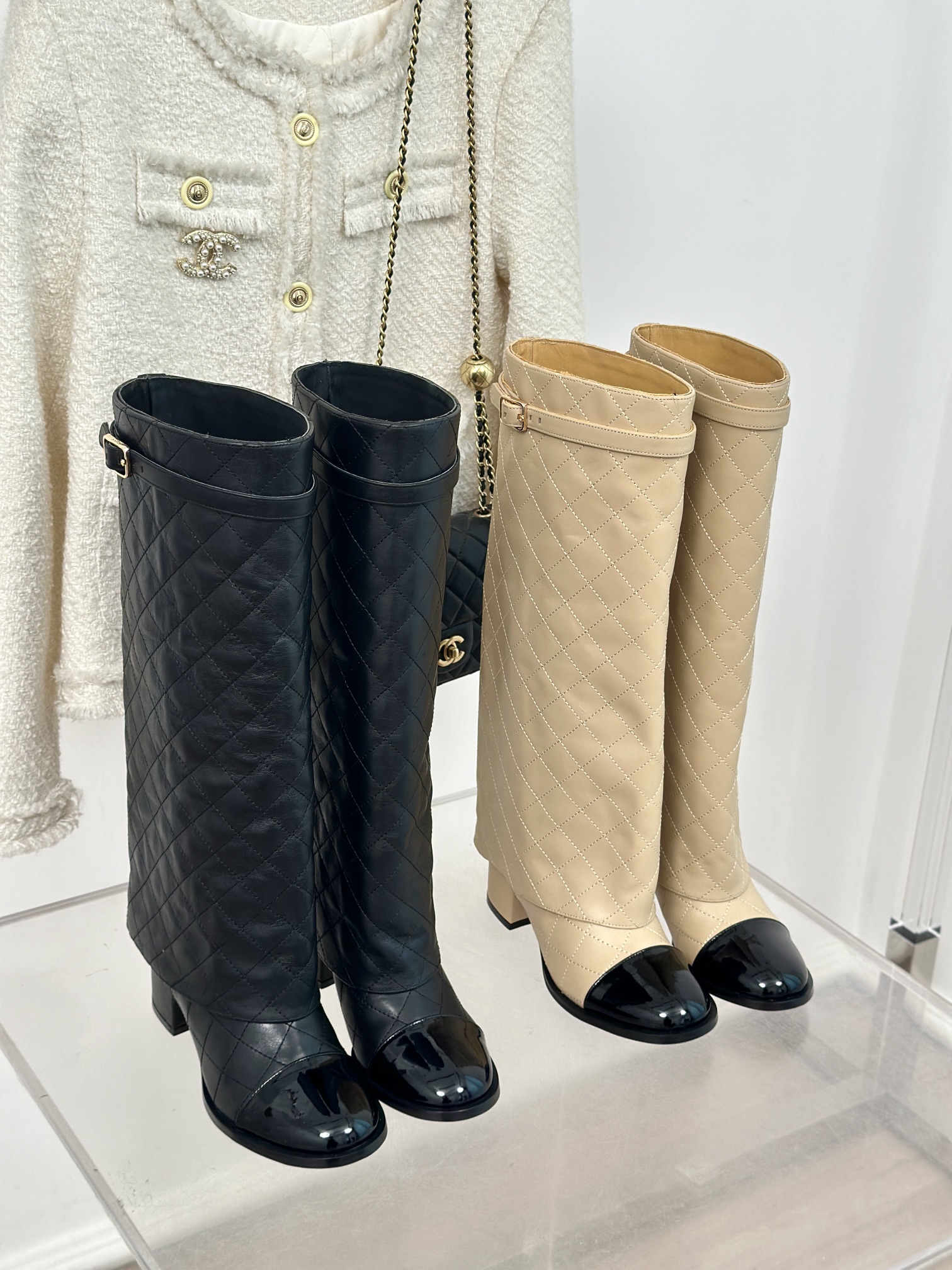 [TOP] CHANEL 6.5 High Heel Plaid Block Heel Trouser Boots - Black & Beige