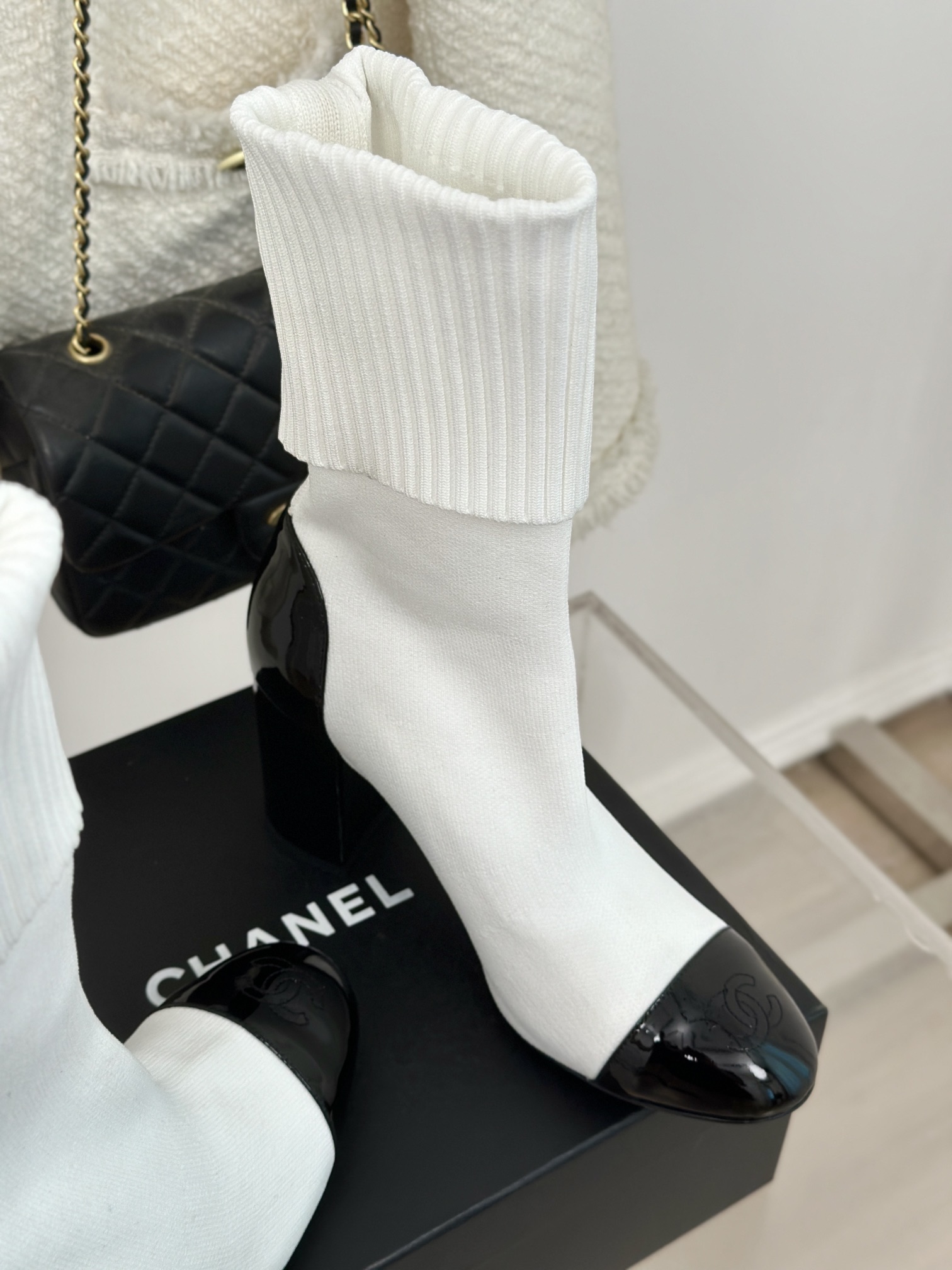 [TOP] CHANEL High Heel Sock Boots - Black & White