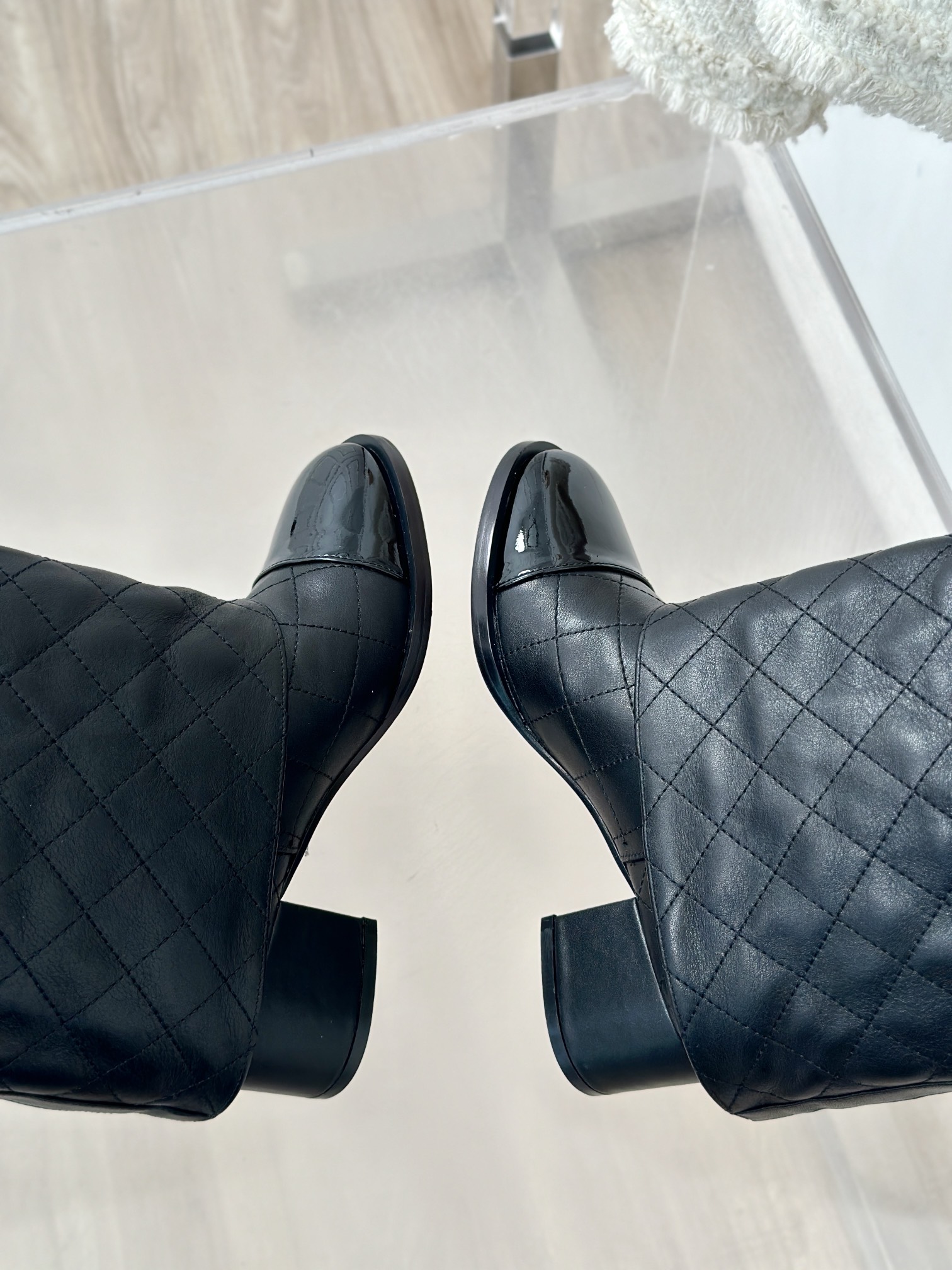 [TOP] CHANEL 6.5 High Heel Plaid Block Heel Trouser Boots - Black & Beige