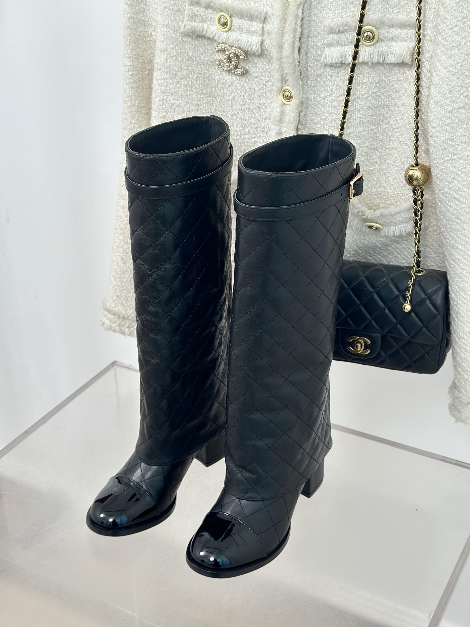 [TOP] CHANEL 6.5 High Heel Plaid Block Heel Trouser Boots - Black & Beige