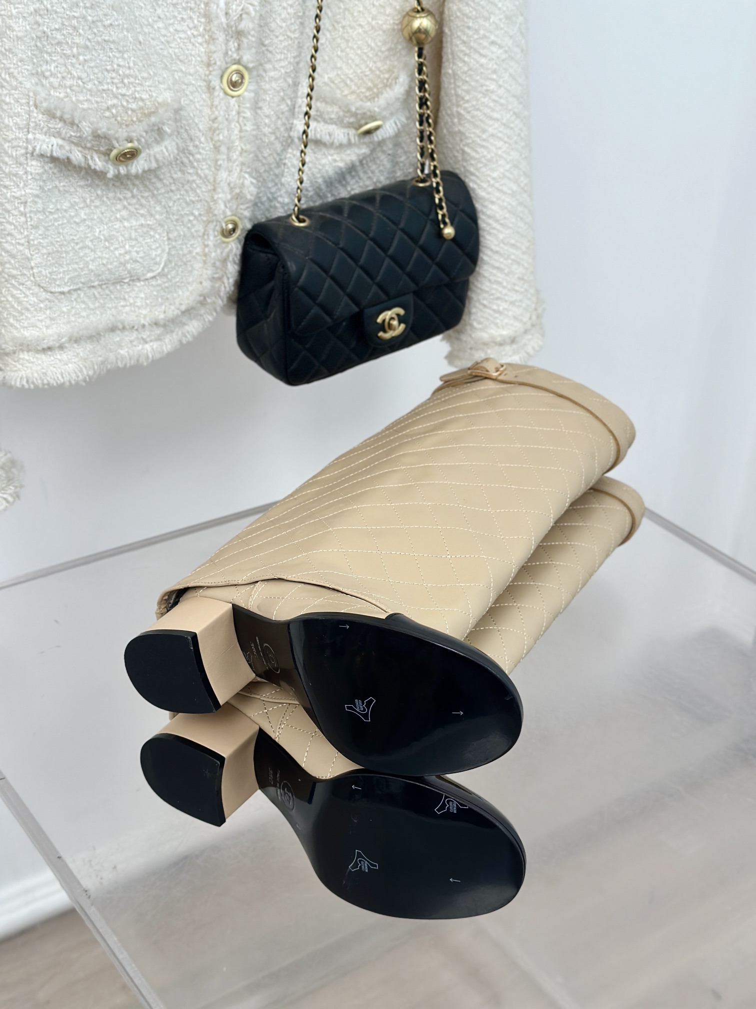 [TOP] CHANEL 6.5 High Heel Plaid Block Heel Trouser Boots - Black & Beige