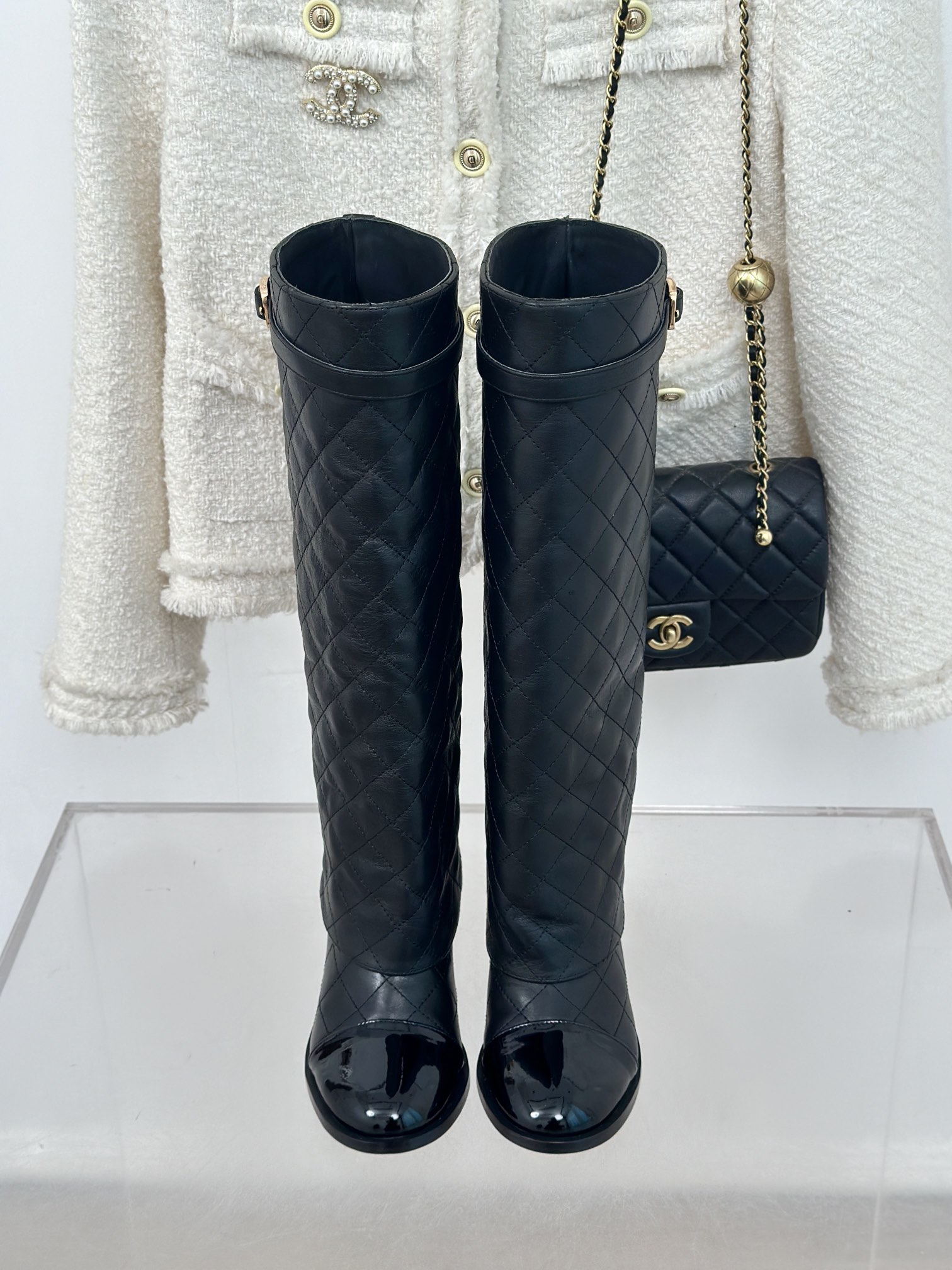 [TOP] CHANEL 6.5 High Heel Plaid Block Heel Trouser Boots - Black & Beige