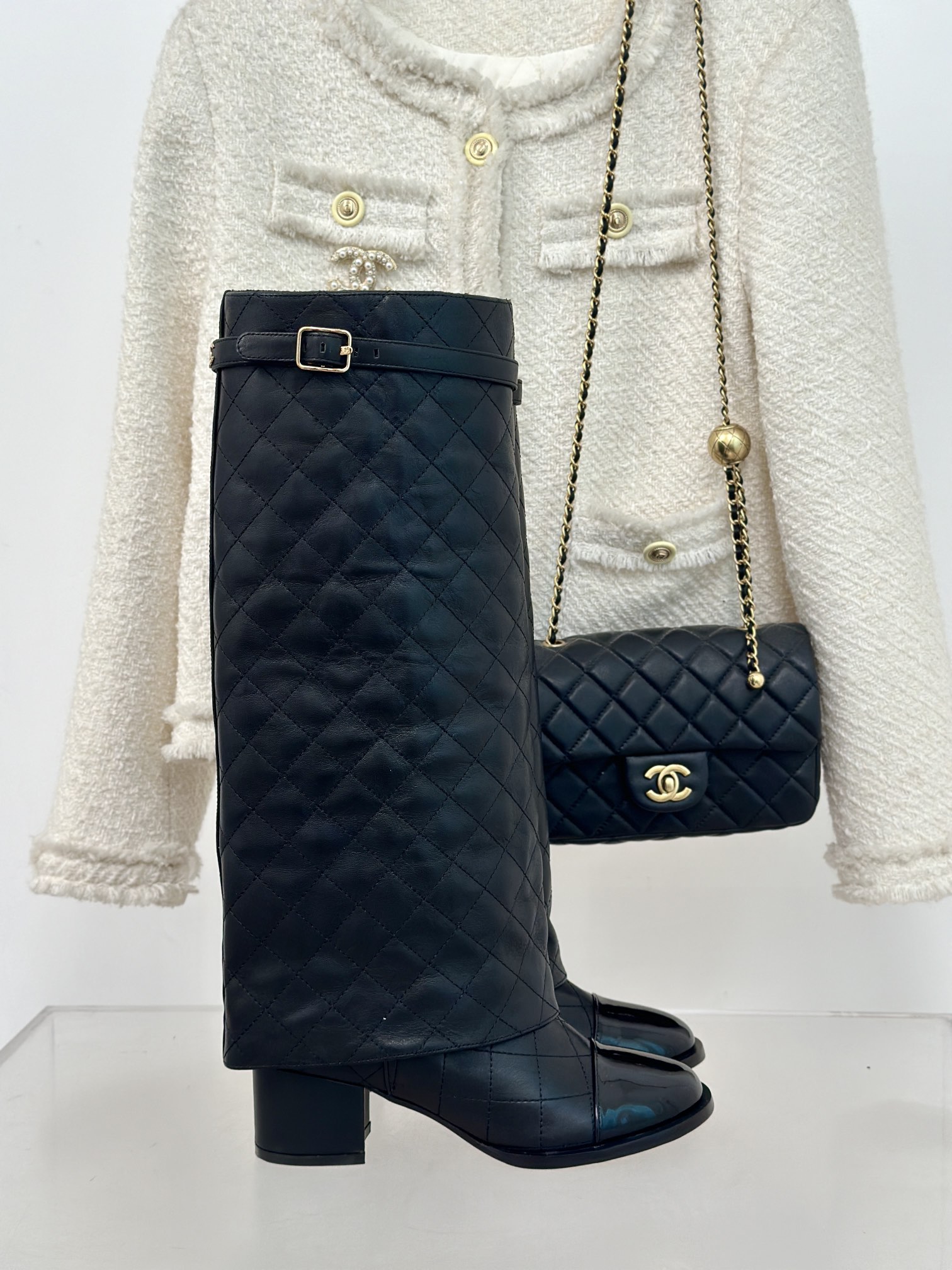 [TOP] CHANEL 6.5 High Heel Plaid Block Heel Trouser Boots - Black & Beige