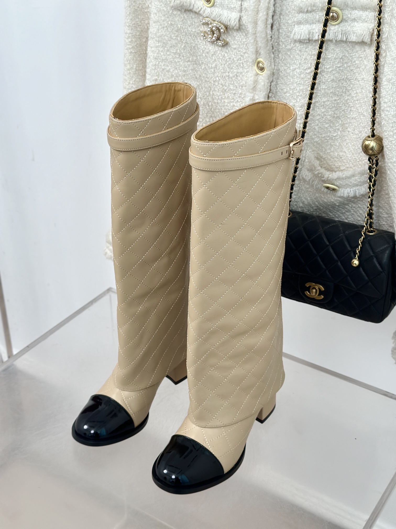 [TOP] CHANEL 6.5 High Heel Plaid Block Heel Trouser Boots - Black & Beige