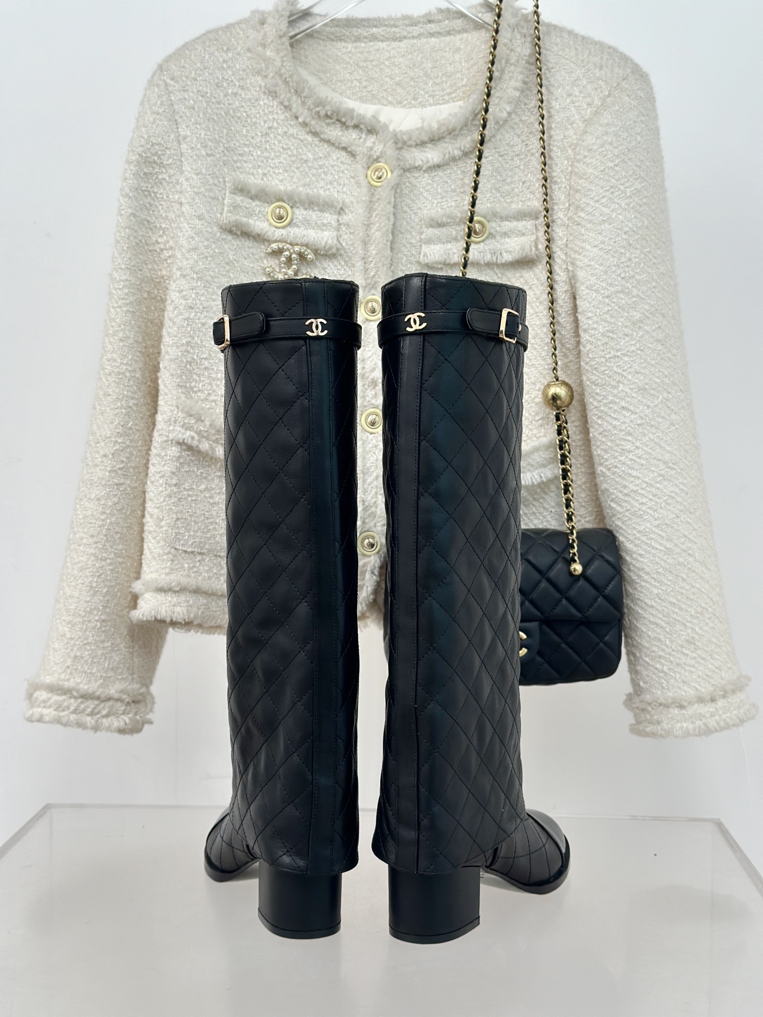 [TOP] CHANEL 6.5 High Heel Plaid Block Heel Trouser Boots - Black & Beige