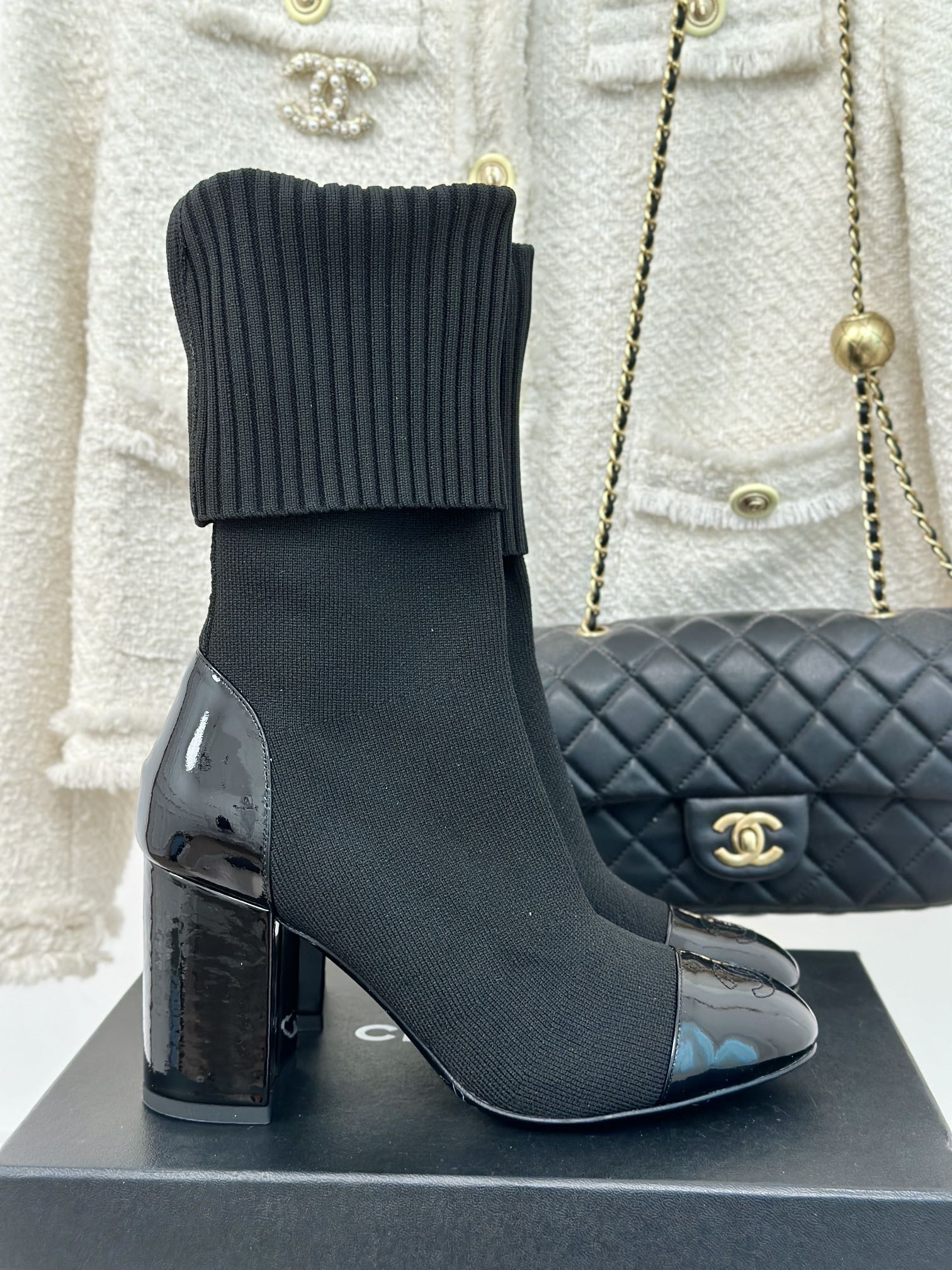 [TOP] CHANEL High Heel Sock Boots - Black & White