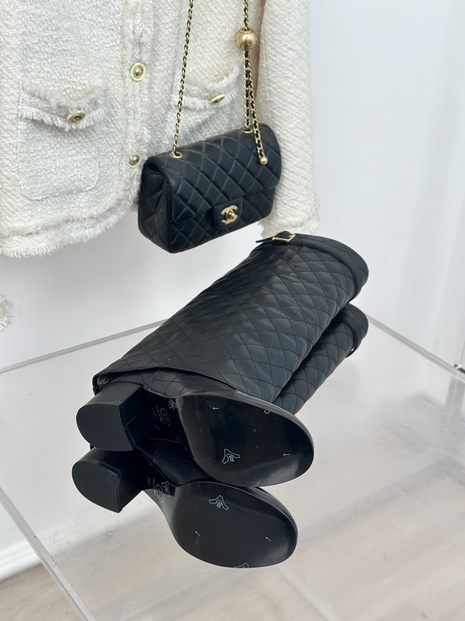 [TOP] CHANEL 6.5 High Heel Plaid Block Heel Trouser Boots - Black & Beige