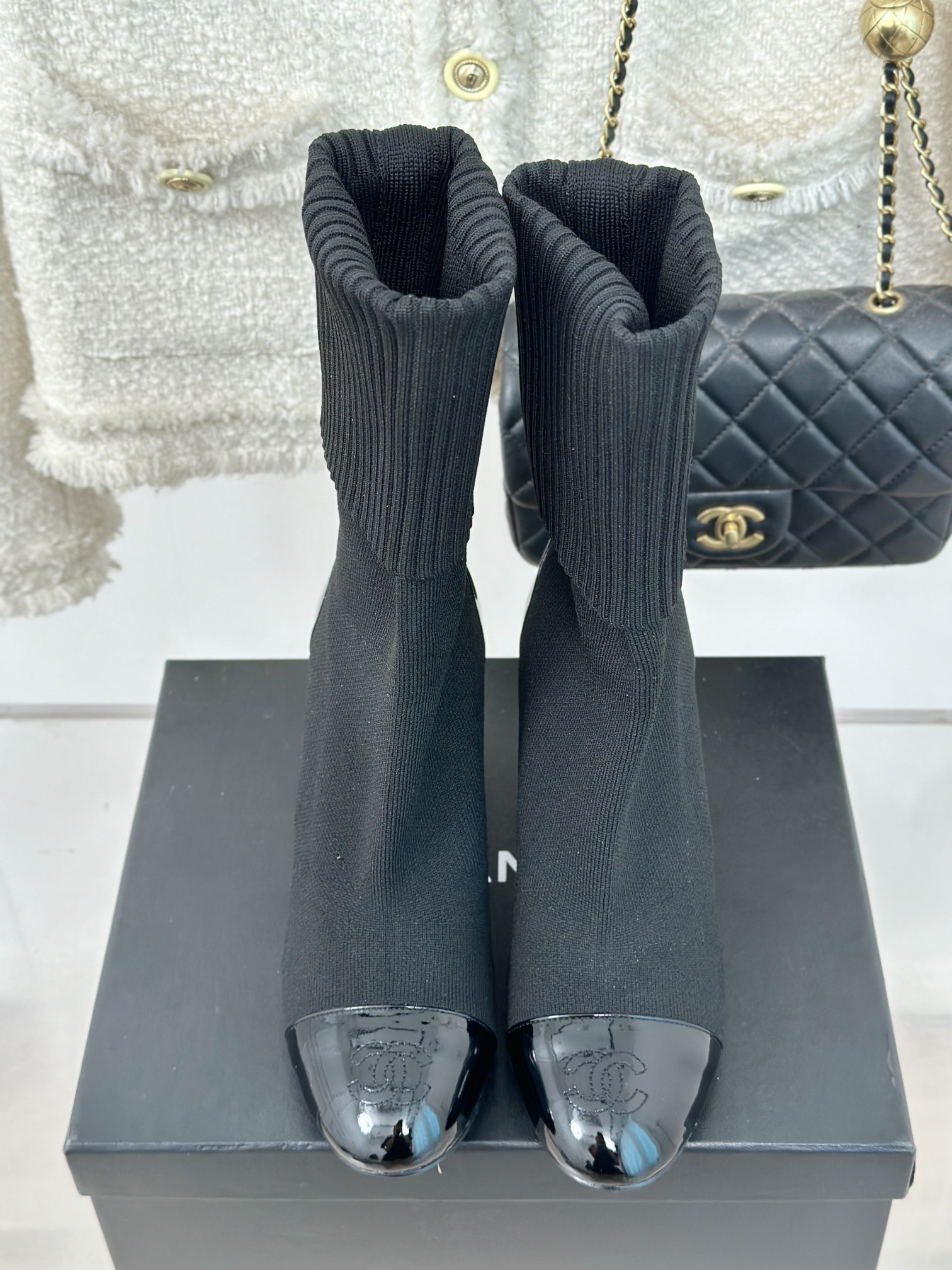 [TOP] CHANEL High Heel Sock Boots - Black & White