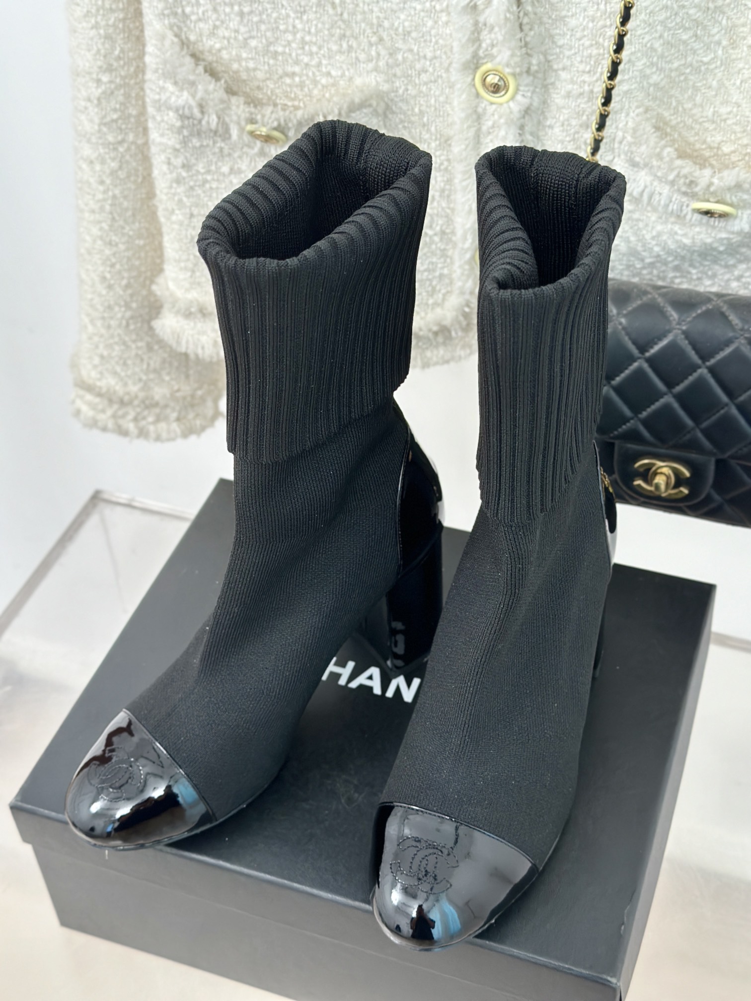 [TOP] CHANEL High Heel Sock Boots - Black & White