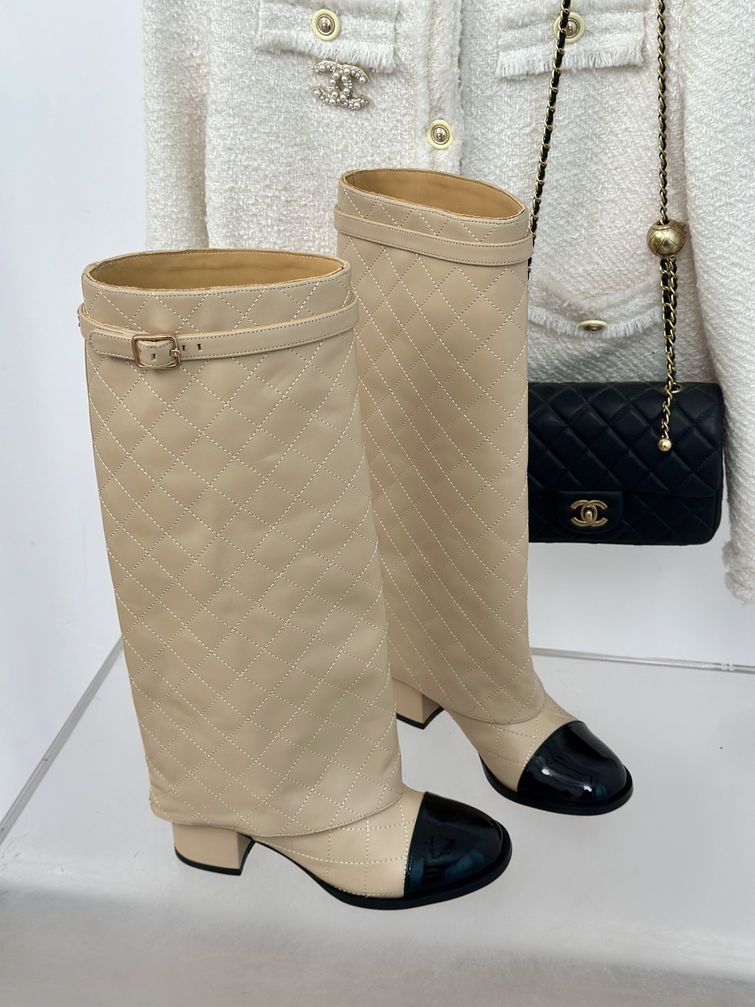 [TOP] CHANEL 6.5 High Heel Plaid Block Heel Trouser Boots - Black & Beige