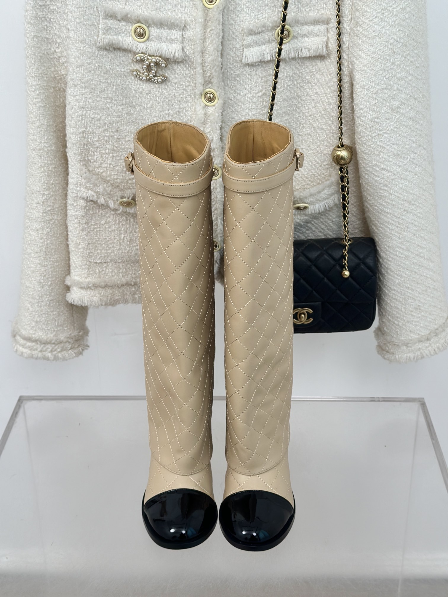 [TOP] CHANEL 6.5 High Heel Plaid Block Heel Trouser Boots - Black & Beige
