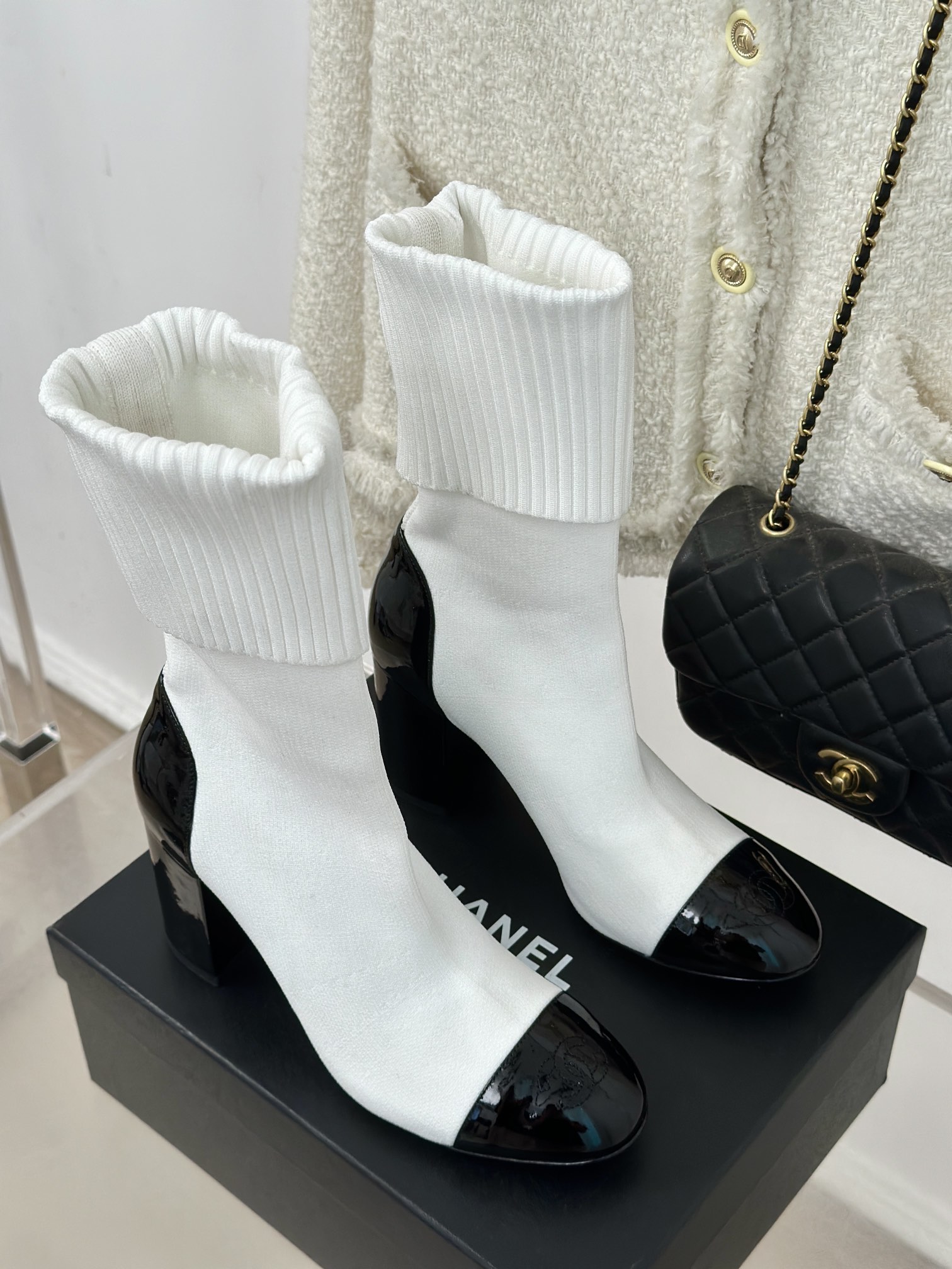 [TOP] CHANEL High Heel Sock Boots - Black & White