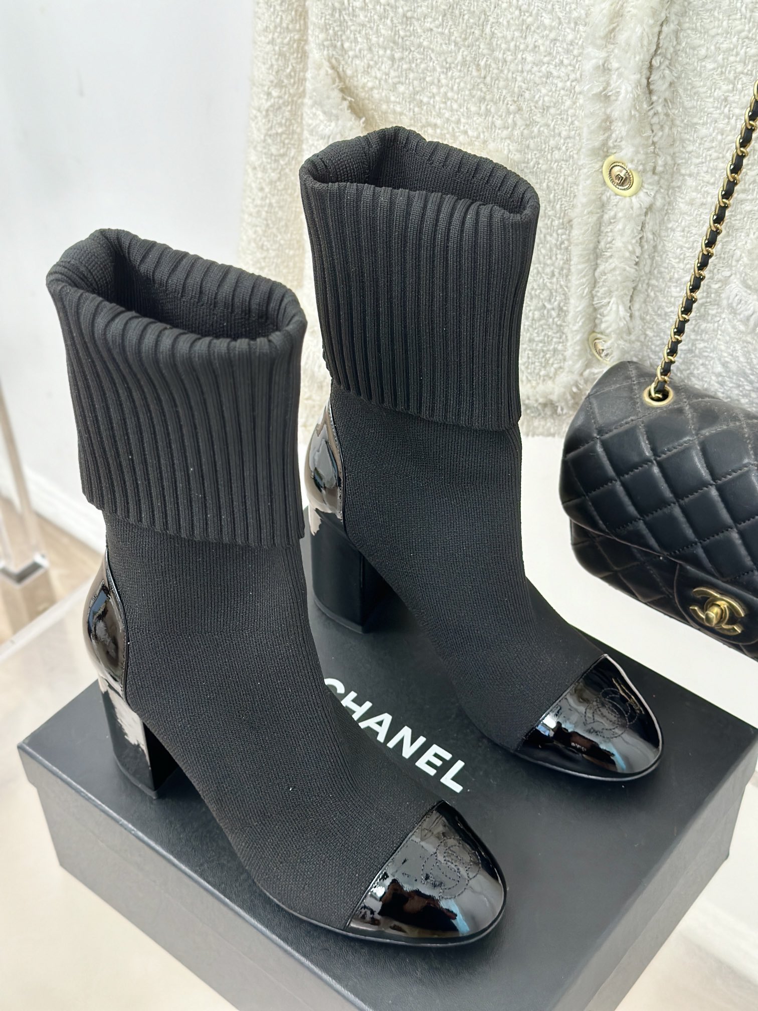 [TOP] CHANEL High Heel Sock Boots - Black & White