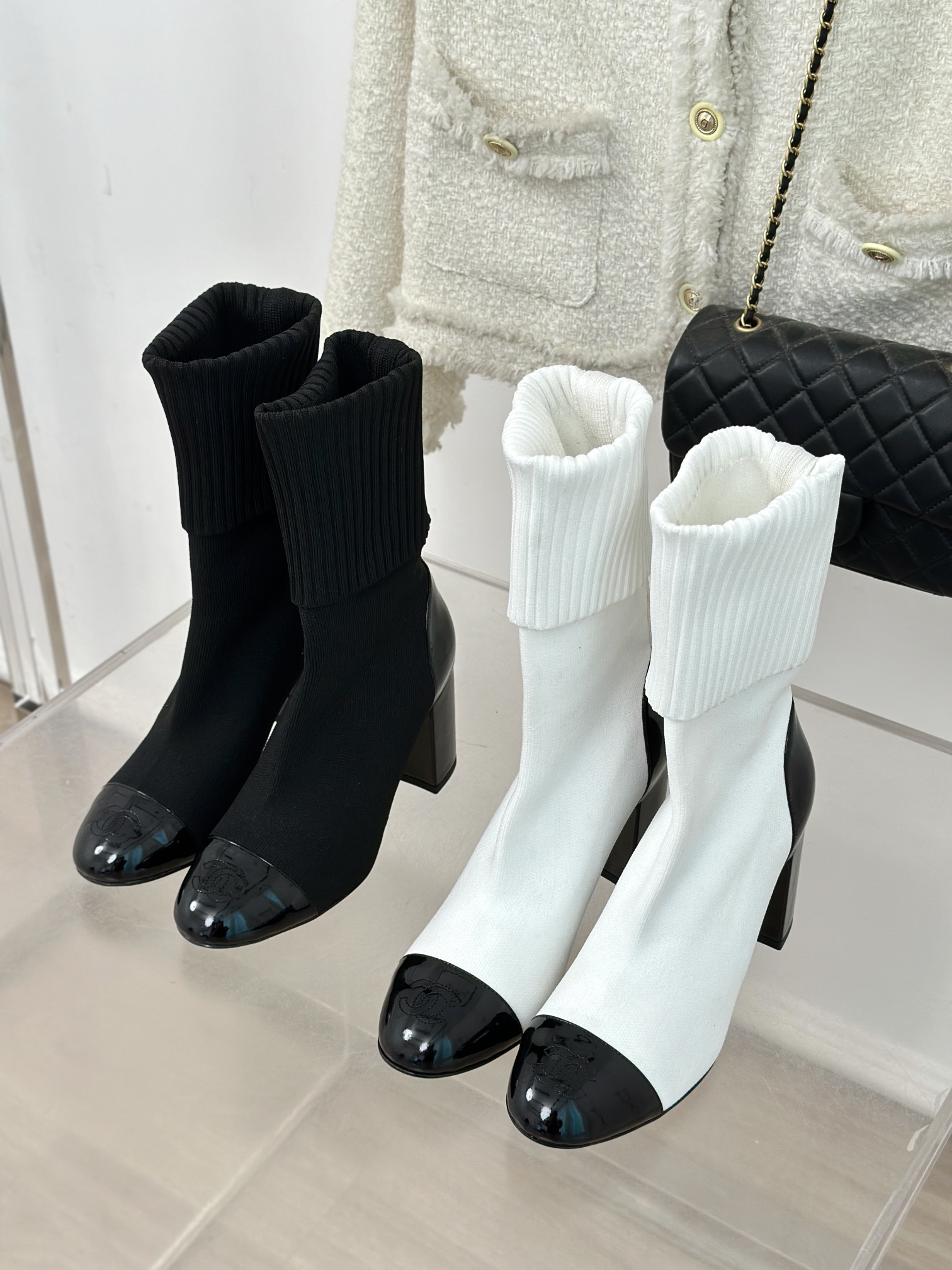 [TOP] CHANEL High Heel Sock Boots - Black & White