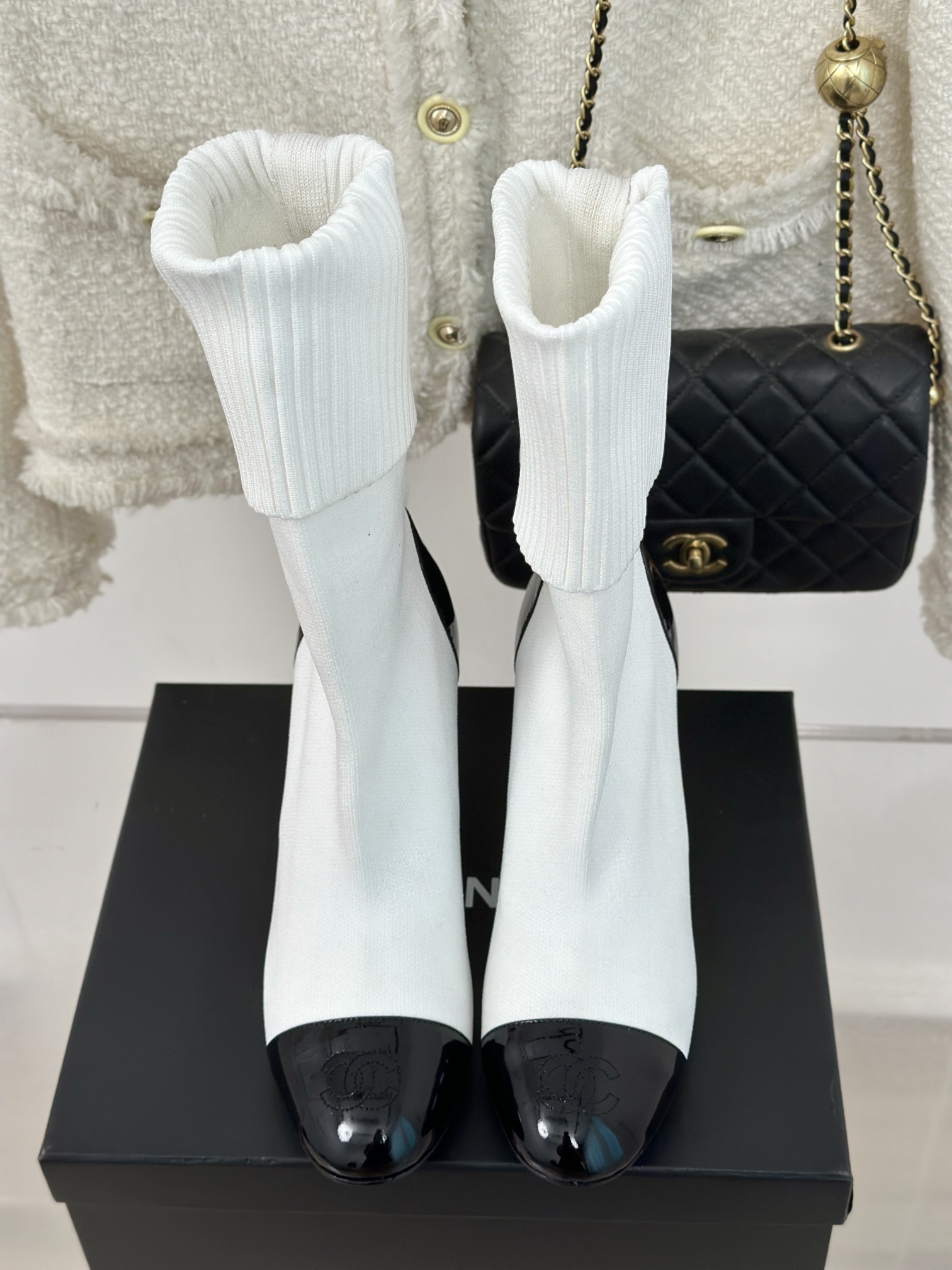 [TOP] CHANEL High Heel Sock Boots - Black & White