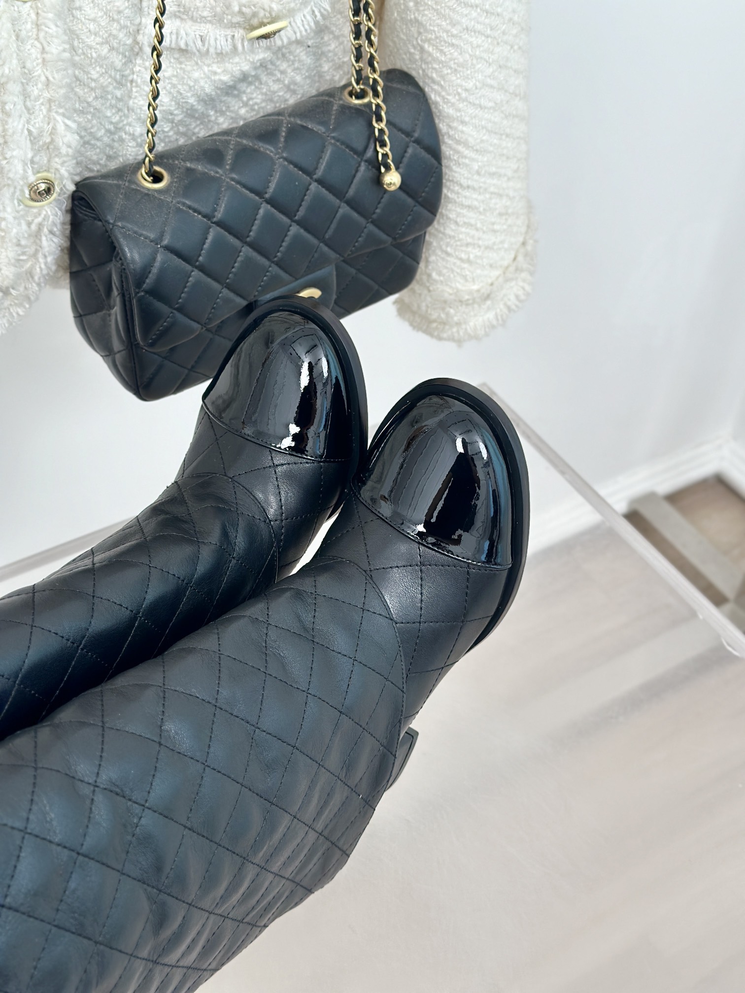 [TOP] CHANEL 6.5 High Heel Plaid Block Heel Trouser Boots - Black & Beige