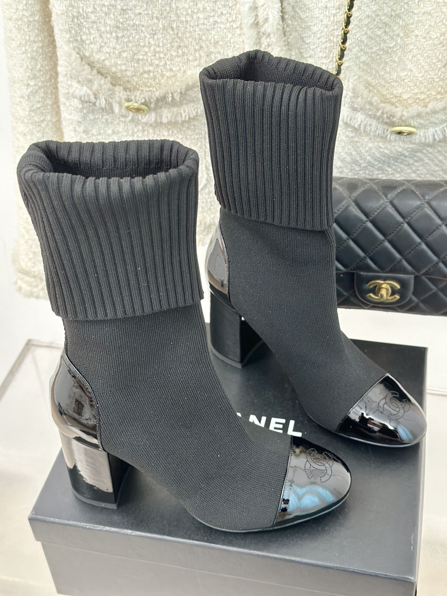 [TOP] CHANEL High Heel Sock Boots - Black & White