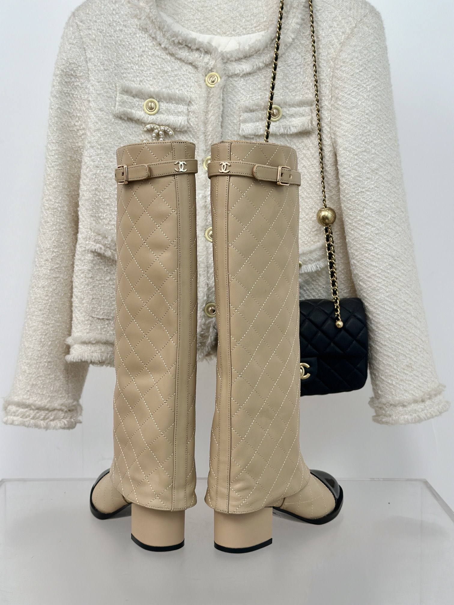 [TOP] CHANEL 6.5 High Heel Plaid Block Heel Trouser Boots - Black & Beige
