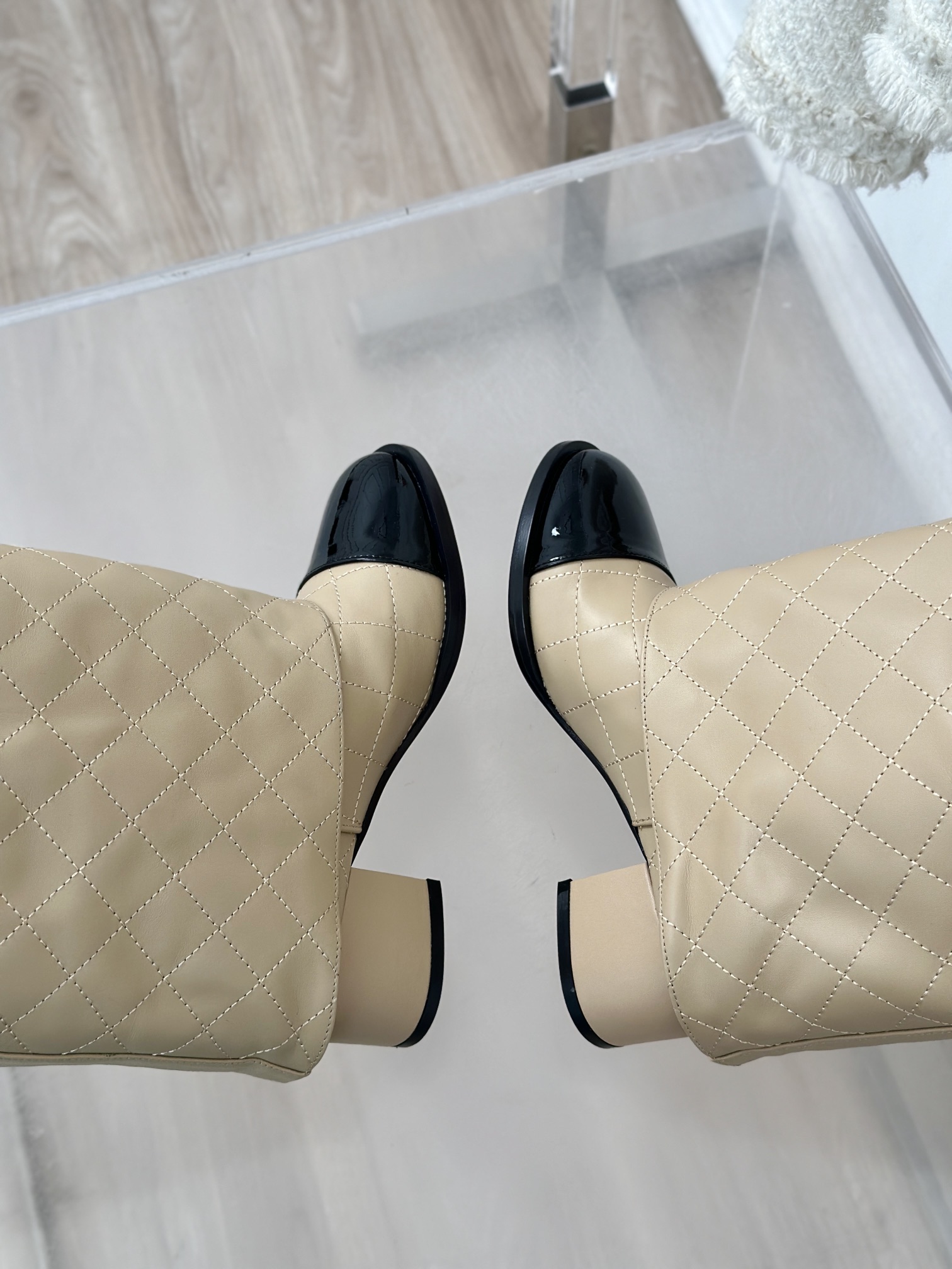 [TOP] CHANEL 6.5 High Heel Plaid Block Heel Trouser Boots - Black & Beige