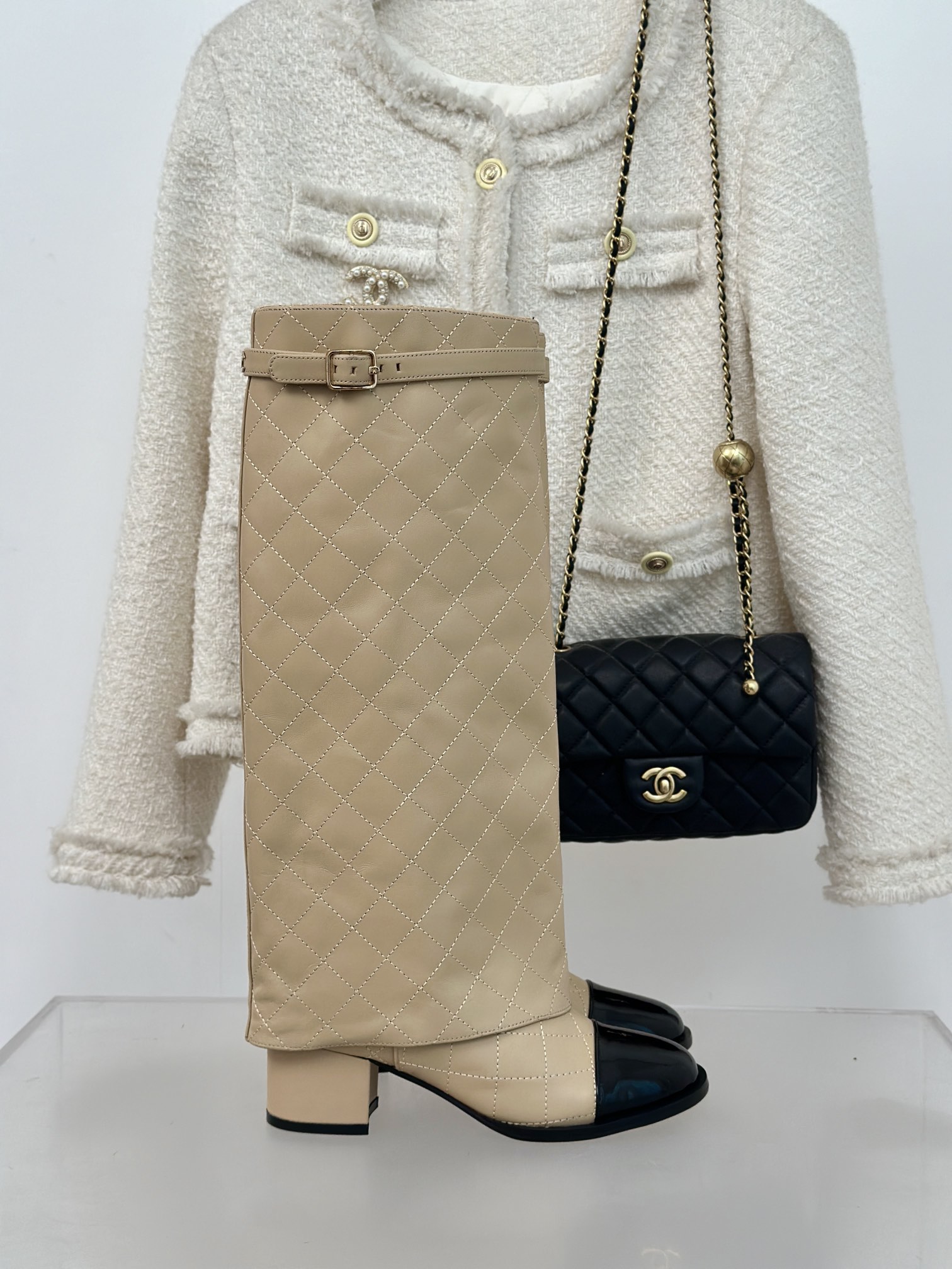 [TOP] CHANEL 6.5 High Heel Plaid Block Heel Trouser Boots - Black & Beige