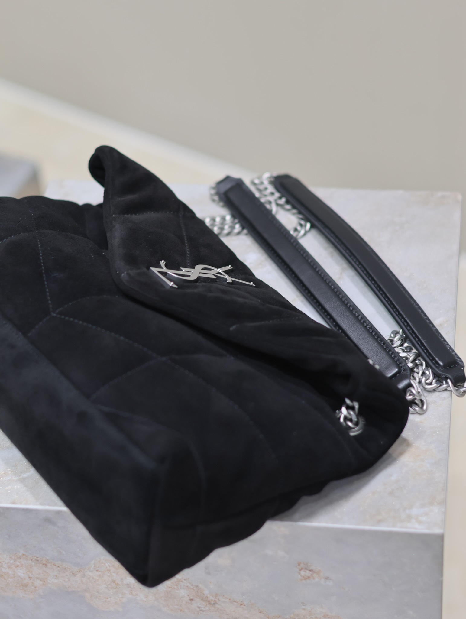 [TOP] Yves Saint Laurent YSL Puffer  Suede Shoulder Bag 29/35cm- Black&SHW