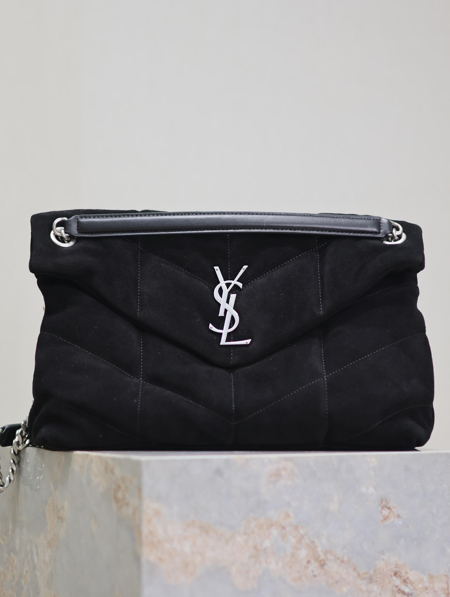 [TOP] Yves Saint Laurent YSL Puffer  Suede Shoulder Bag 29/35cm- Black&SHW