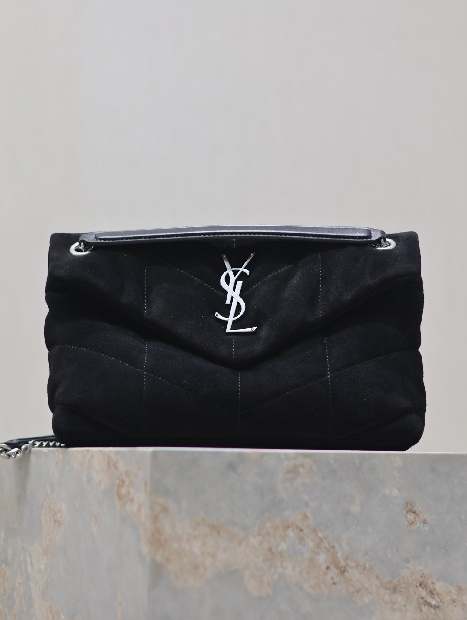 [TOP] Yves Saint Laurent YSL Puffer  Suede Shoulder Bag 29/35cm- Black&SHW