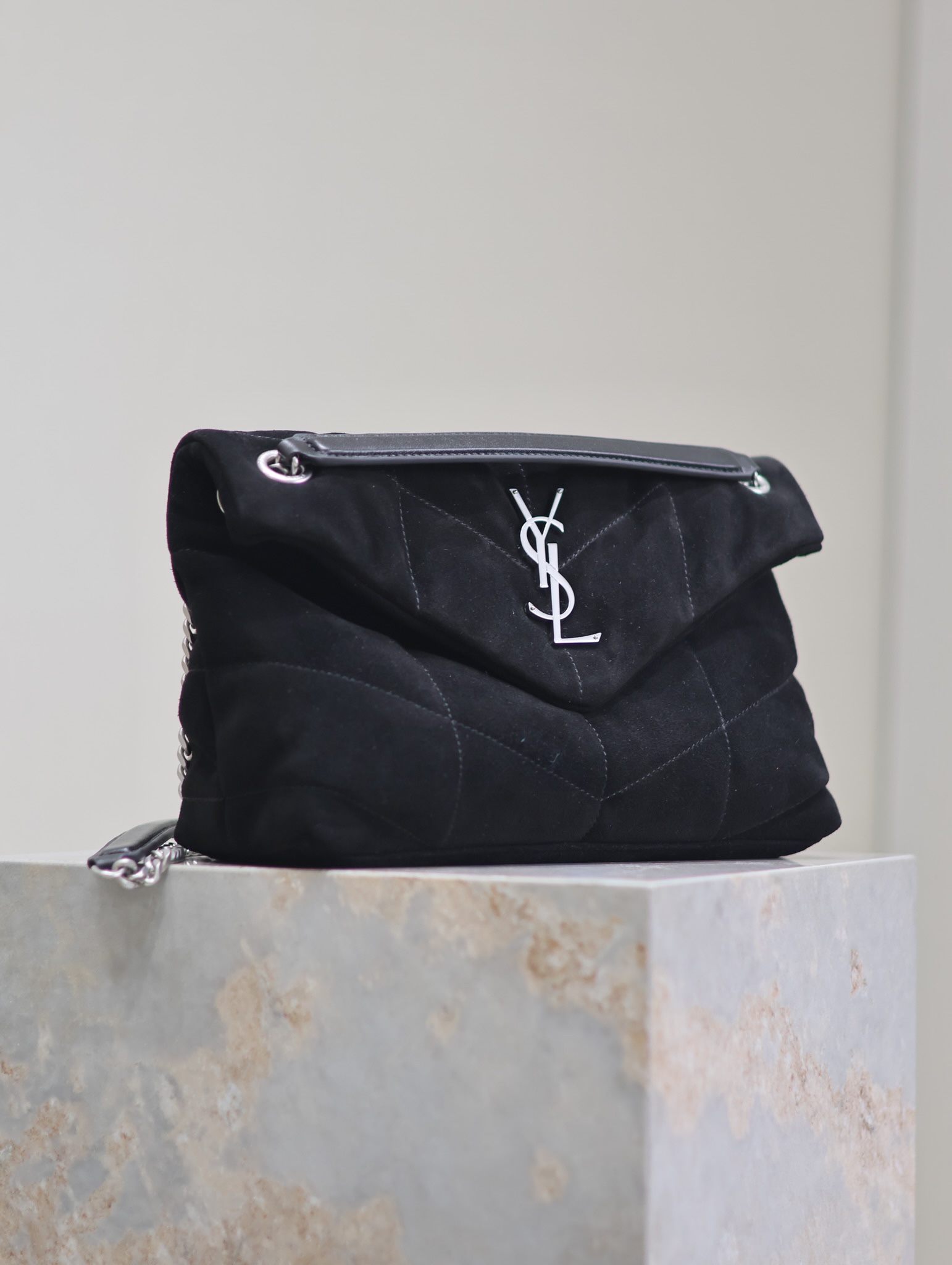 [TOP] Yves Saint Laurent YSL Puffer  Suede Shoulder Bag 29/35cm- Black&SHW