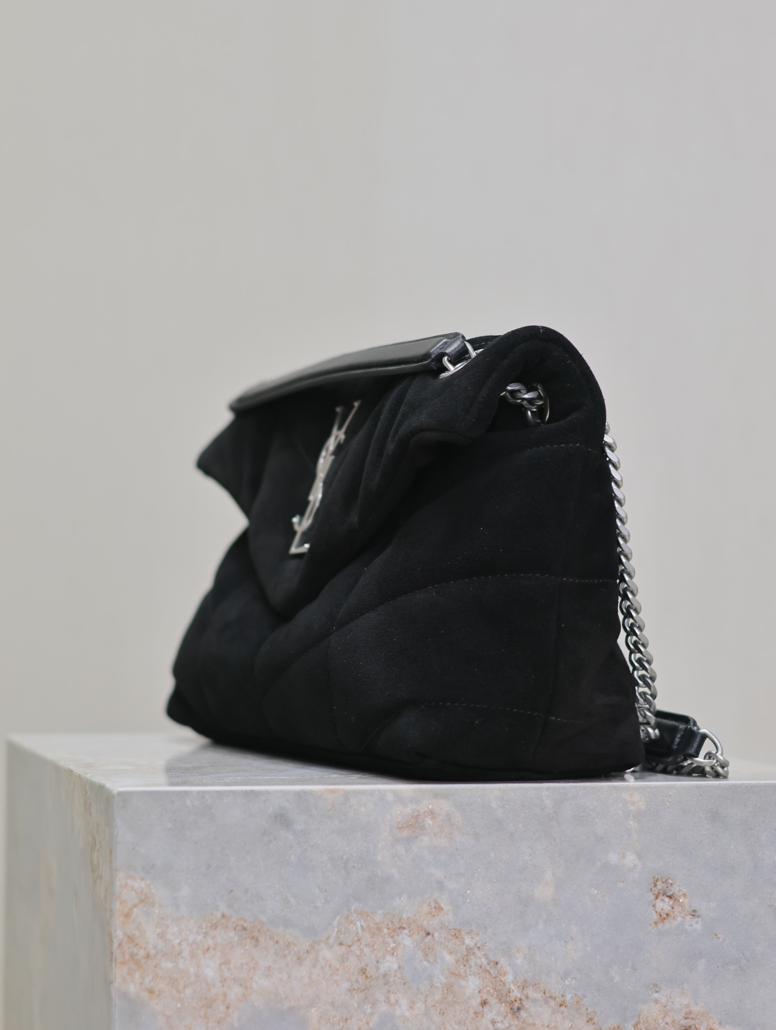 [TOP] Yves Saint Laurent YSL Puffer  Suede Shoulder Bag 29/35cm- Black&SHW